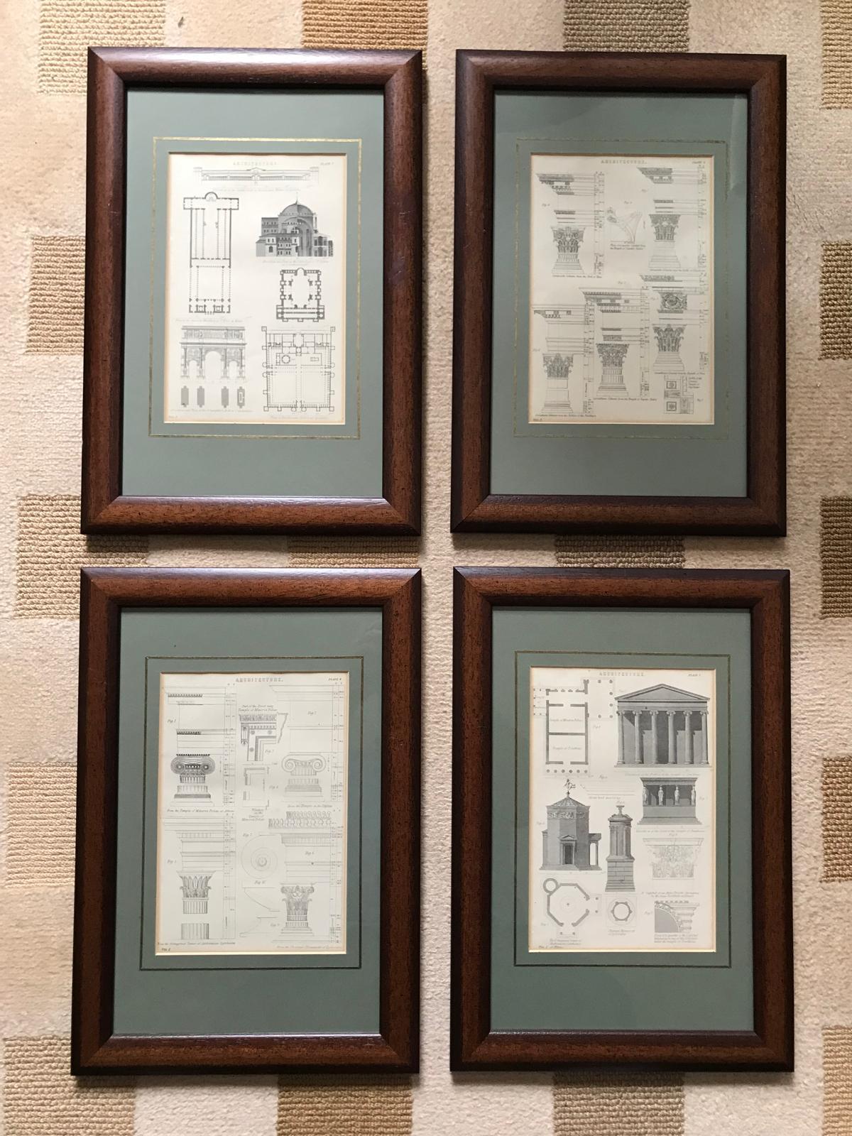 This is a stunning set of 4 Greek Architectural steel engraved plates printed in 1850 with Olive colour hand cut mount with hand painted Gold line and professionally framed in 2014 in solid fruitwood frame, with framers stamp and detail labels on