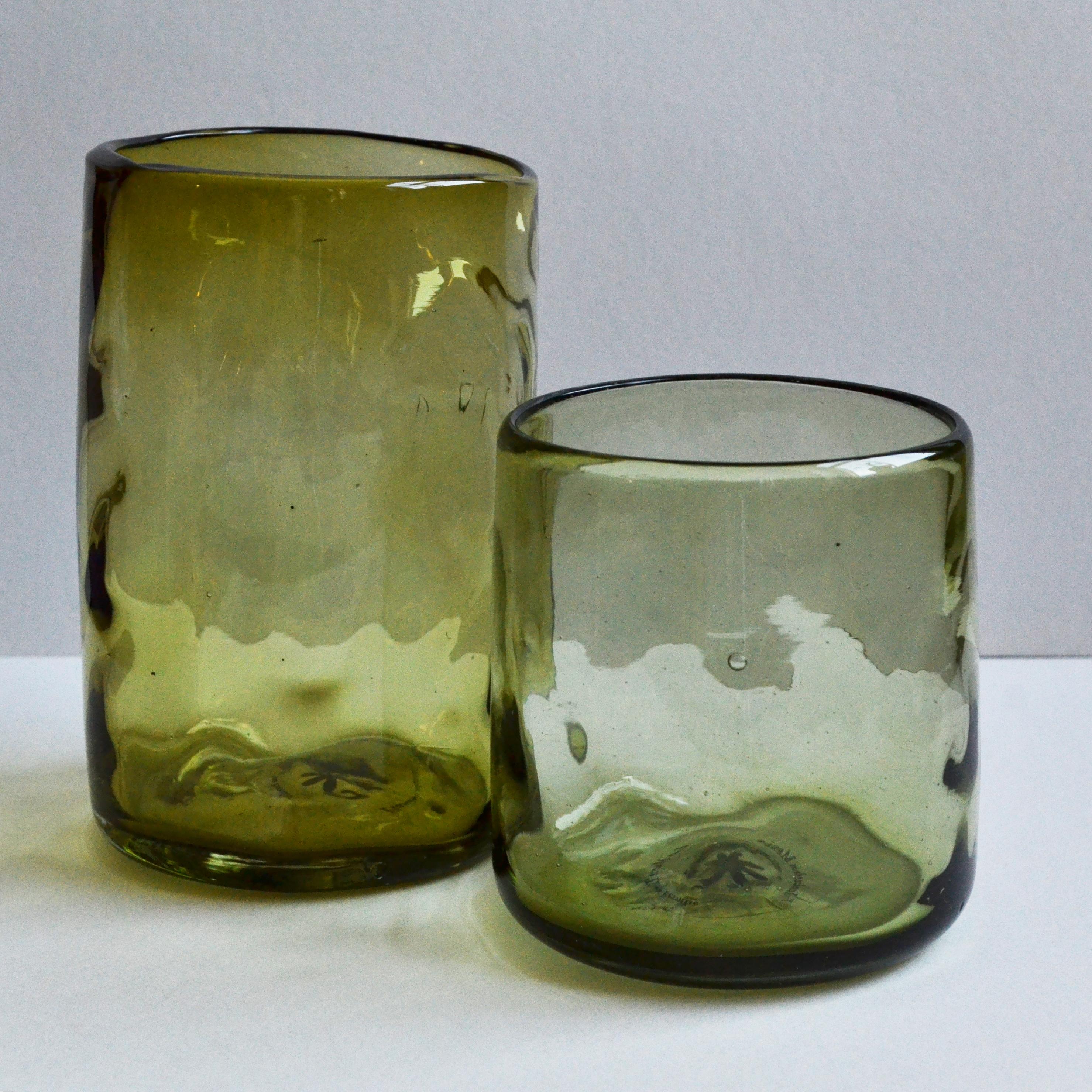 Organic Modern 4 Cocktail Tumblers Green Handblown Organic Irregular Shape Glasses For Sale