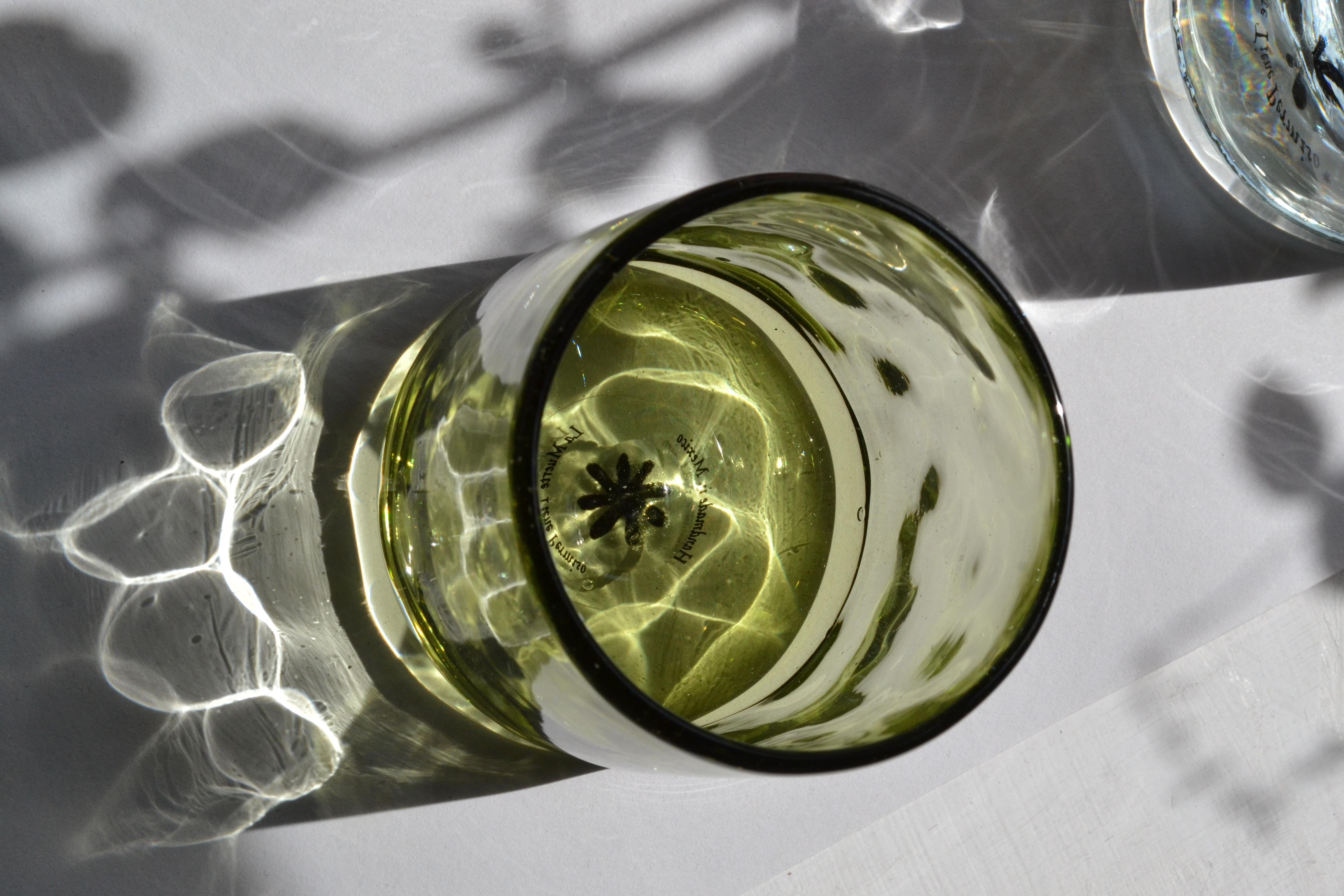 Contemporary 4 Cocktail Tumblers Green Handblown Organic Irregular Shape Glasses  For Sale