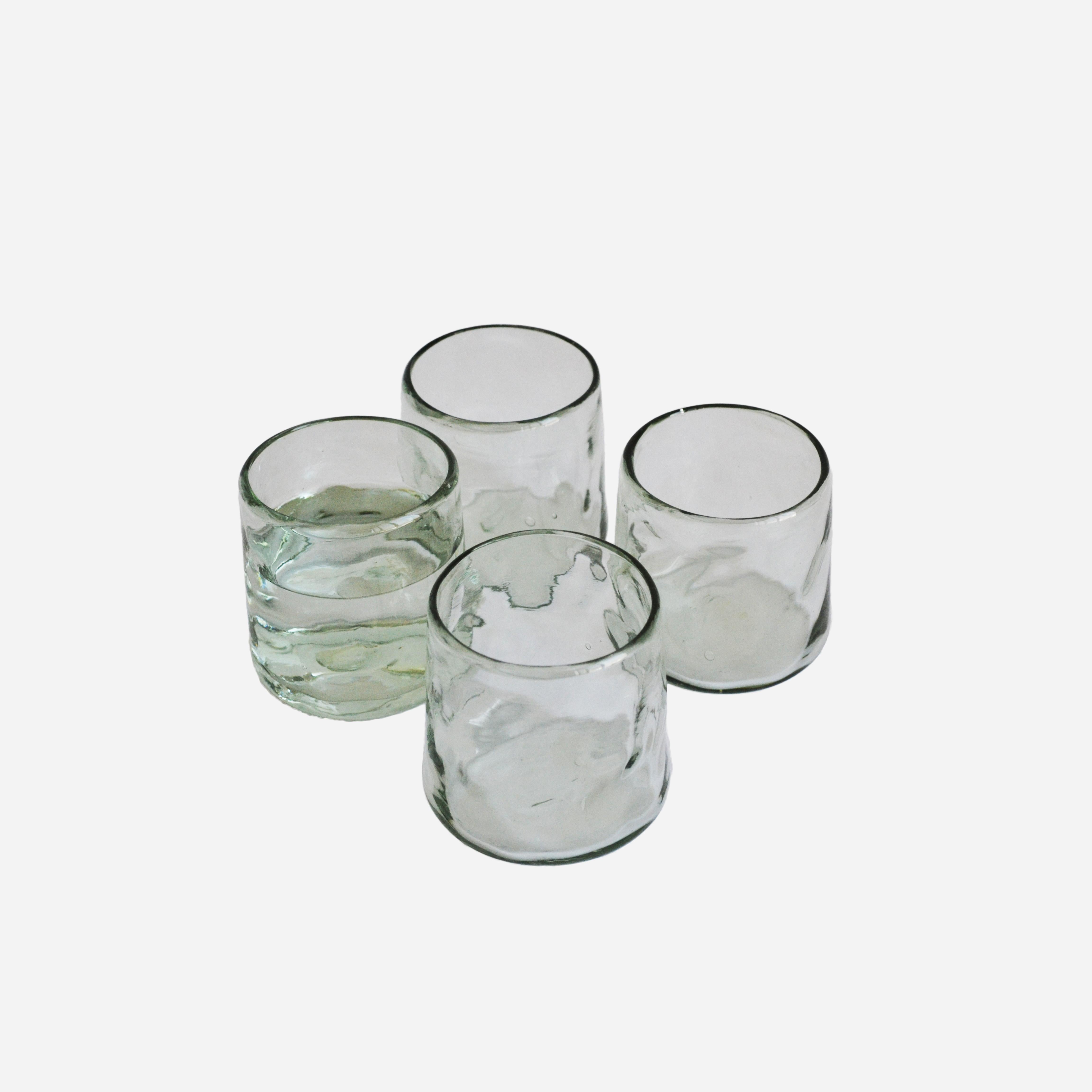 Mexican 4 Cocktail Tumblers, Handblown Organic Irregular Shape Glasses 100% Recycled  For Sale