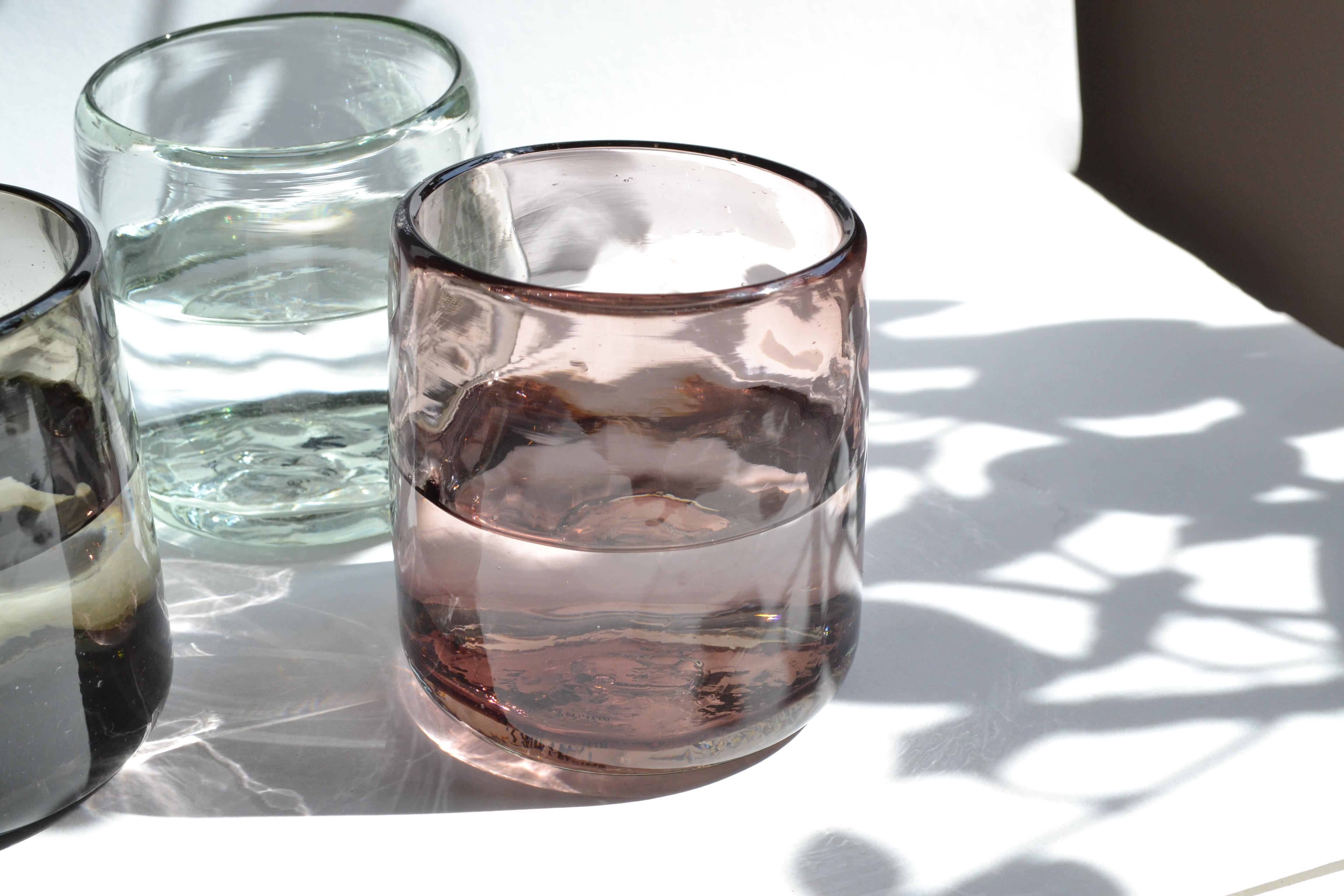 Mexican 4 Cocktail Tumblers Pink Handblown Organic Irregular Shape Glasses  For Sale