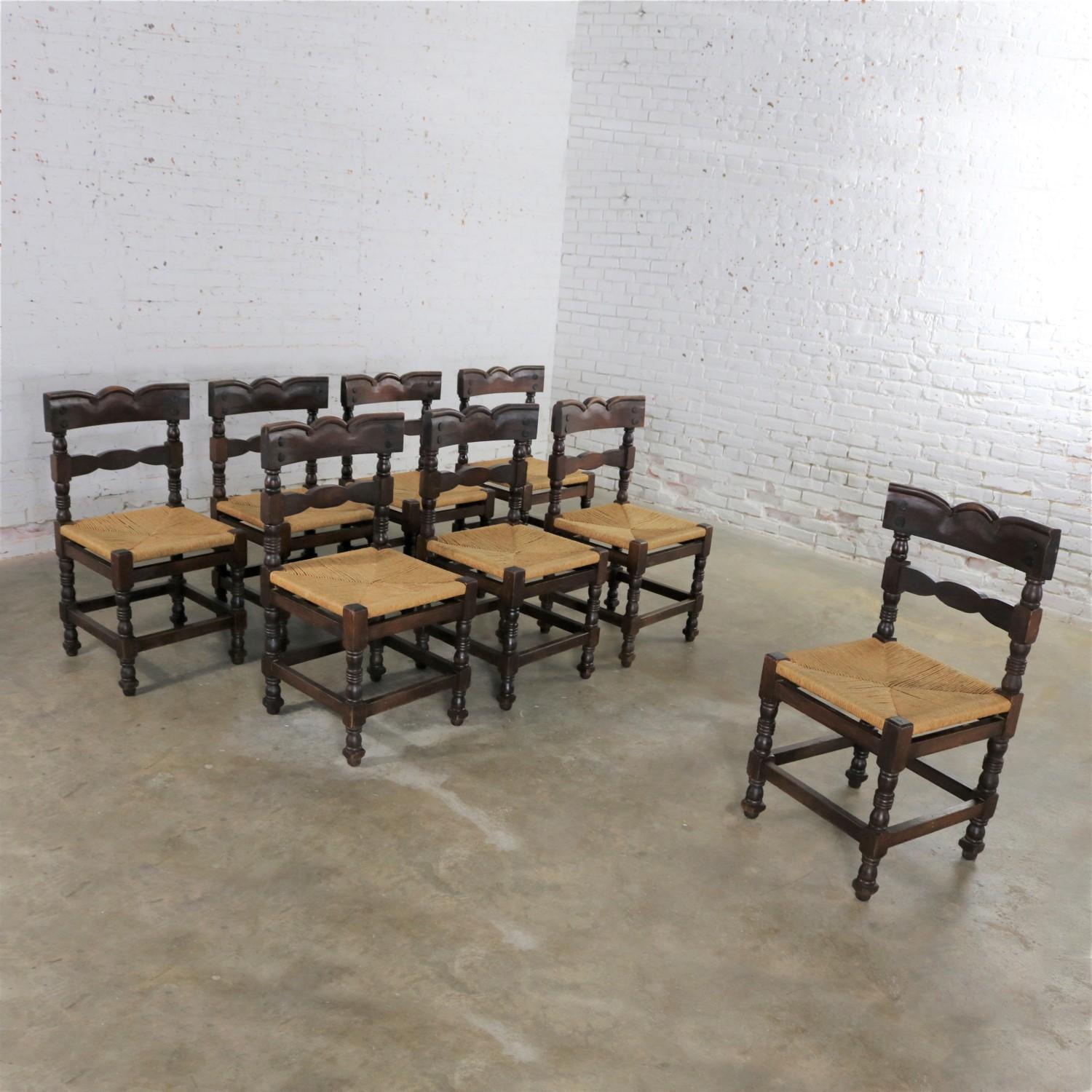 Mexican 4 Colonial Style Dining Chairs with Rush Seats Stamped Hecho en Mexico
