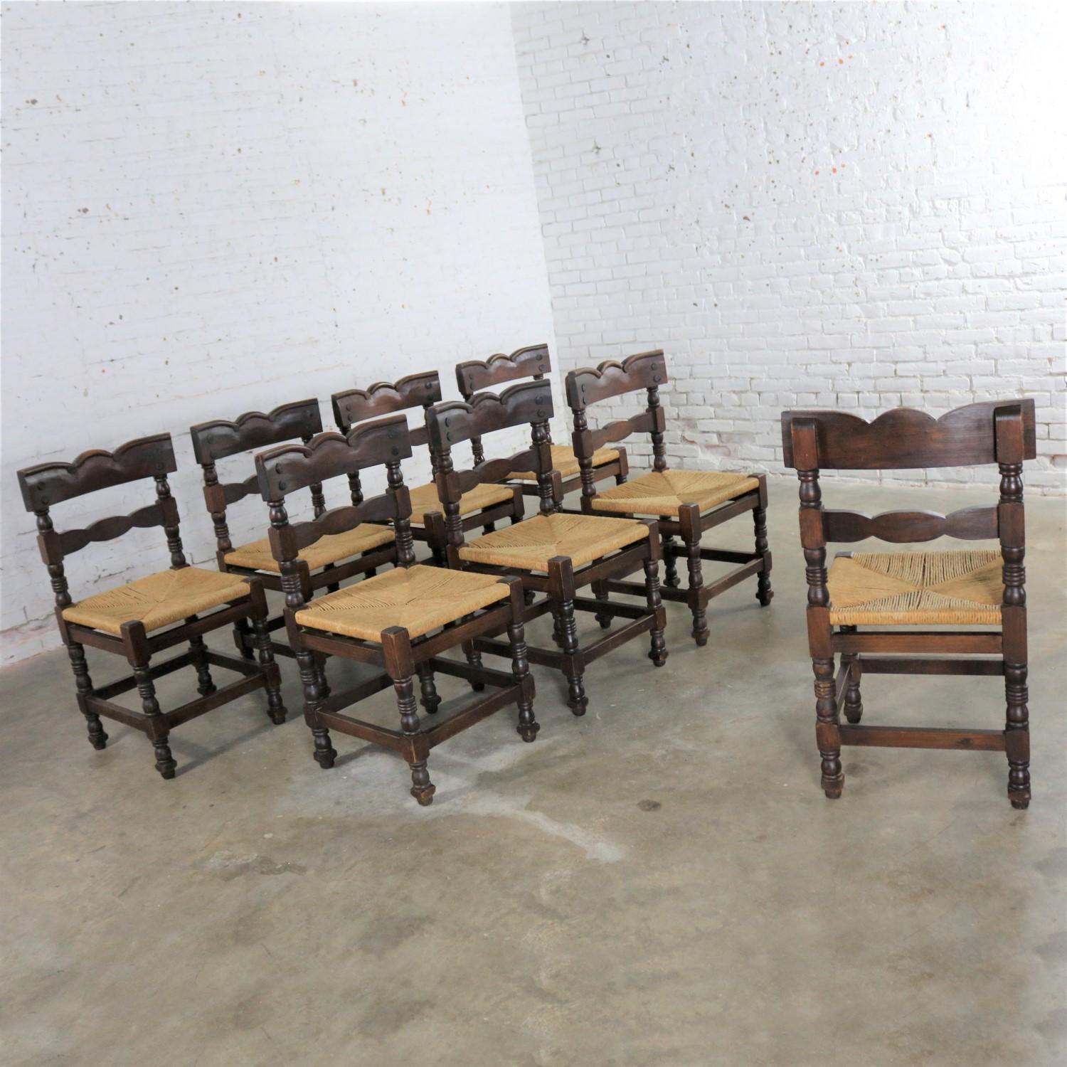 4 Colonial Style Dining Chairs with Rush Seats Stamped Hecho en Mexico In Distressed Condition In Topeka, KS