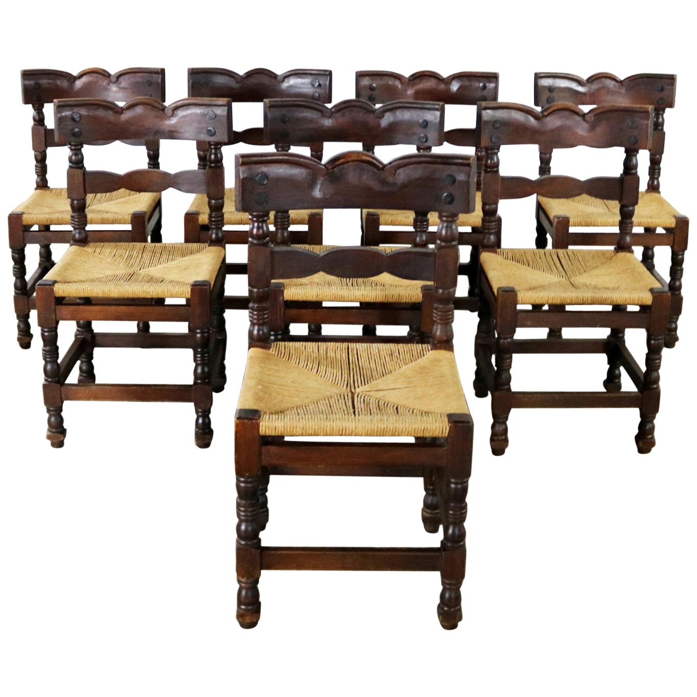 4 Colonial Style Dining Chairs with Rush Seats Stamped Hecho en Mexico