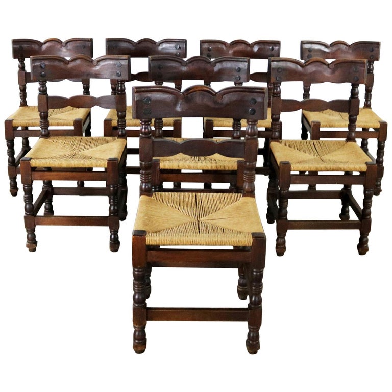4 Colonial Style Dining Chairs With Rush Seats Stamped Hecho En
