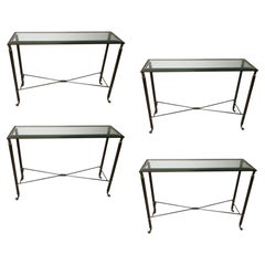 4 Console tables Style Art Deco 1930, egyptian motif, France, Bronze and glass