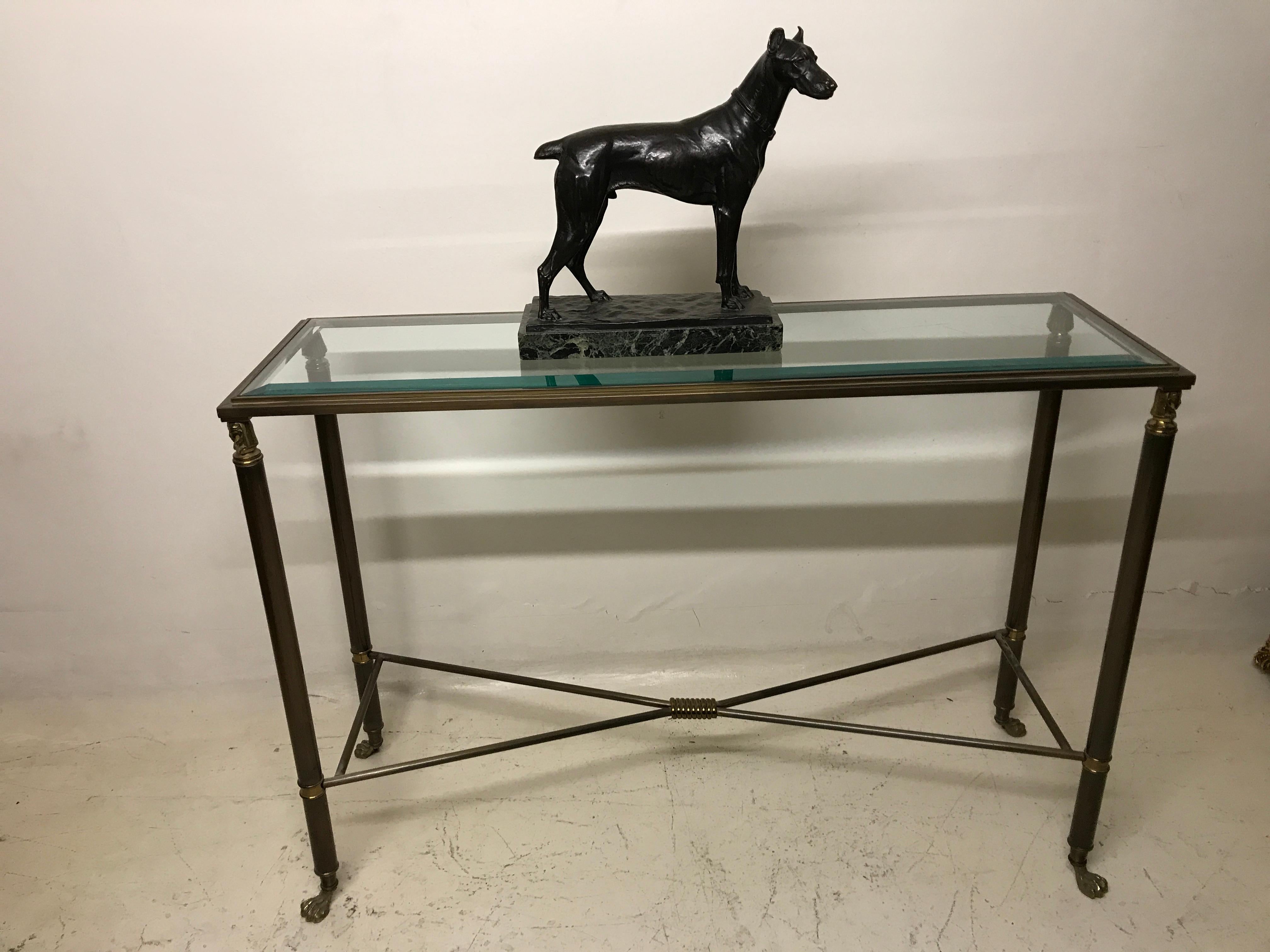 4 Consoles Style Art Deco 1930, egyptian motif, France, Bronze and glass For Sale 6