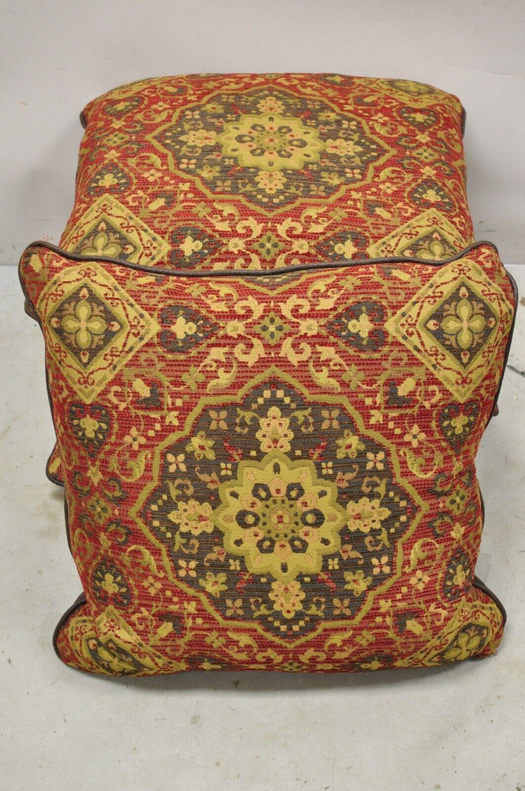 Contemporary Mediterranean Style Red and Brown Tapestry Reversible Faux Leather Pillows - Set of 4. Circa 21st Century, Pre-owned
Measurements: 8