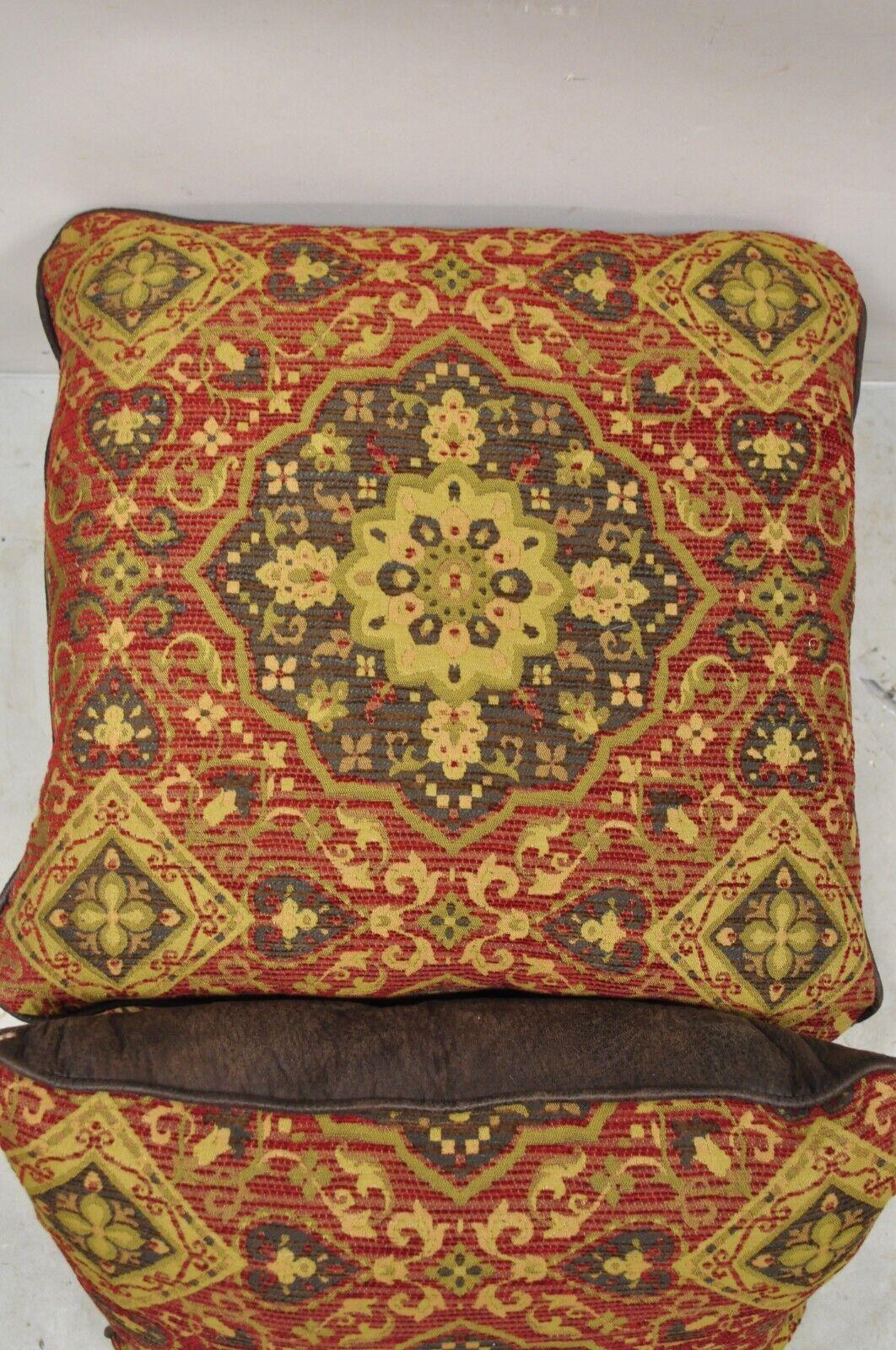 4 Contemporary Mediterranean Style Red and Brown Tapestry Faux Leather Pillows In Good Condition For Sale In Philadelphia, PA