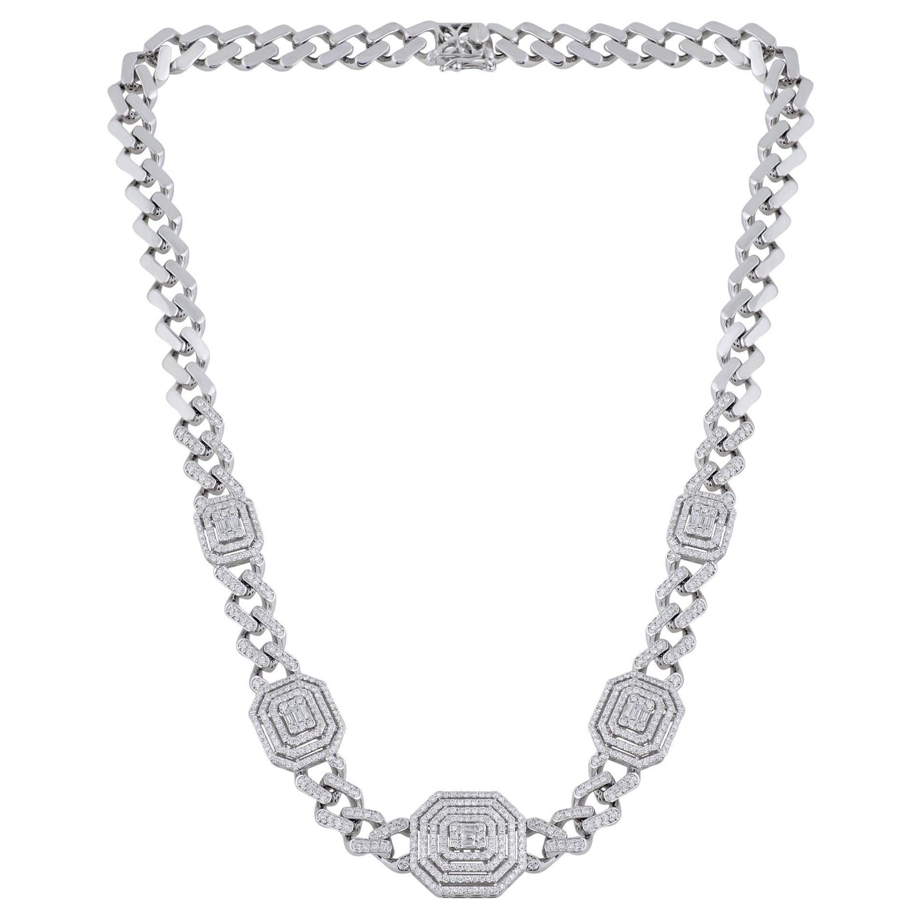 4 Ct Baguette Diamond Halo Link Unisex Collana a catena in oro bianco 14 carati Regalo in vendita