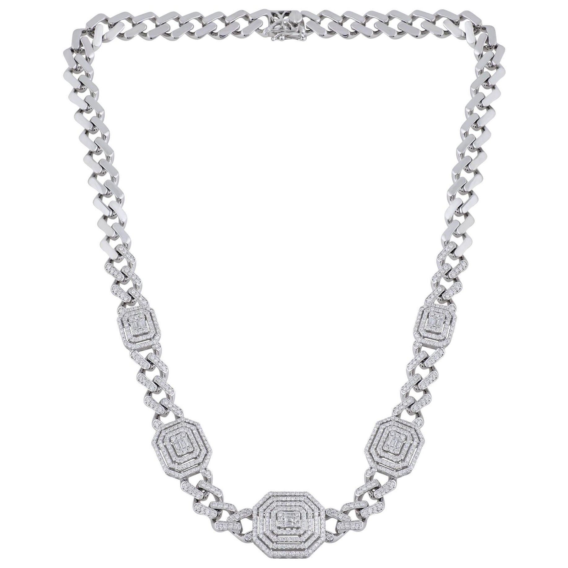 4 Ct Baguette Diamond Halo Link Unisex Collana a catena in oro bianco 18 carati Regalo