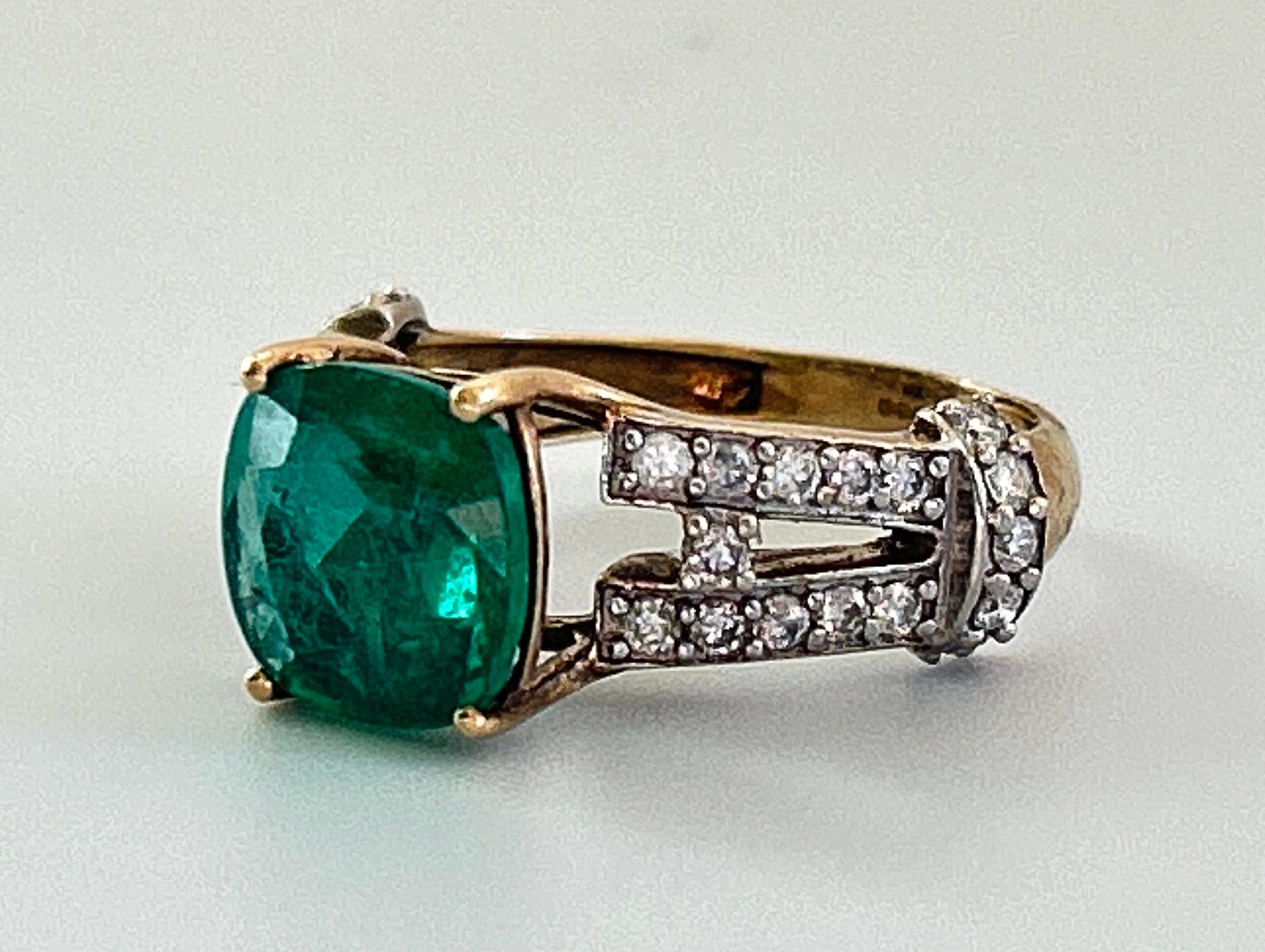 2.5 Carat Cushion Cut Columbian Emerald and .5ctw Diamond Ring For Sale 6