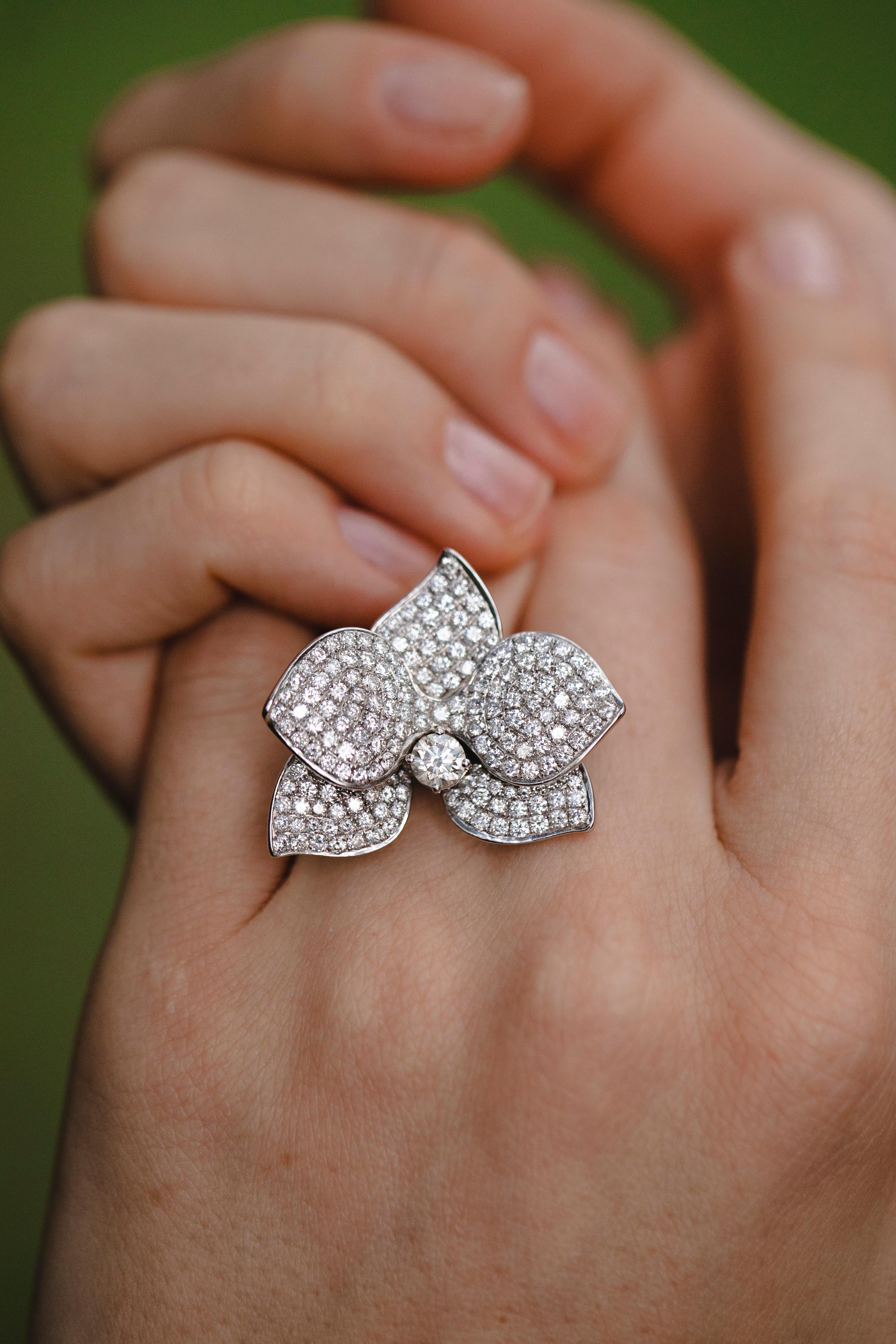 4 Ct Diamond Orchid Flower Ring 18K White Gold, 2000 2