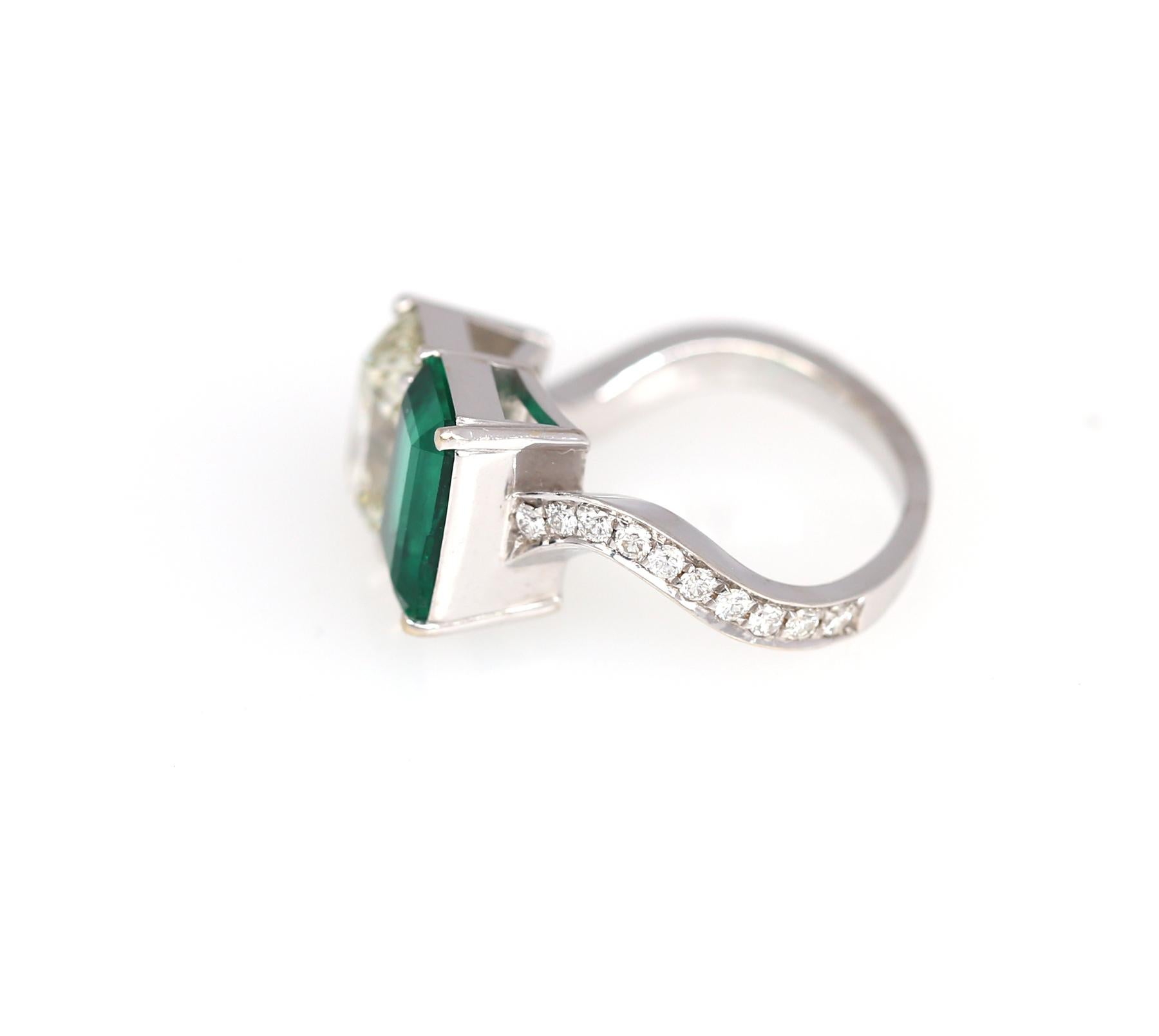 3.5 Ct Emerald 3.3 Ct Diamond White Gold Ring Certified, 1990 1