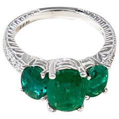 4 Ct Emerald & Diamond Three-Stone Ring Past Present Future 14 Karat White Gold