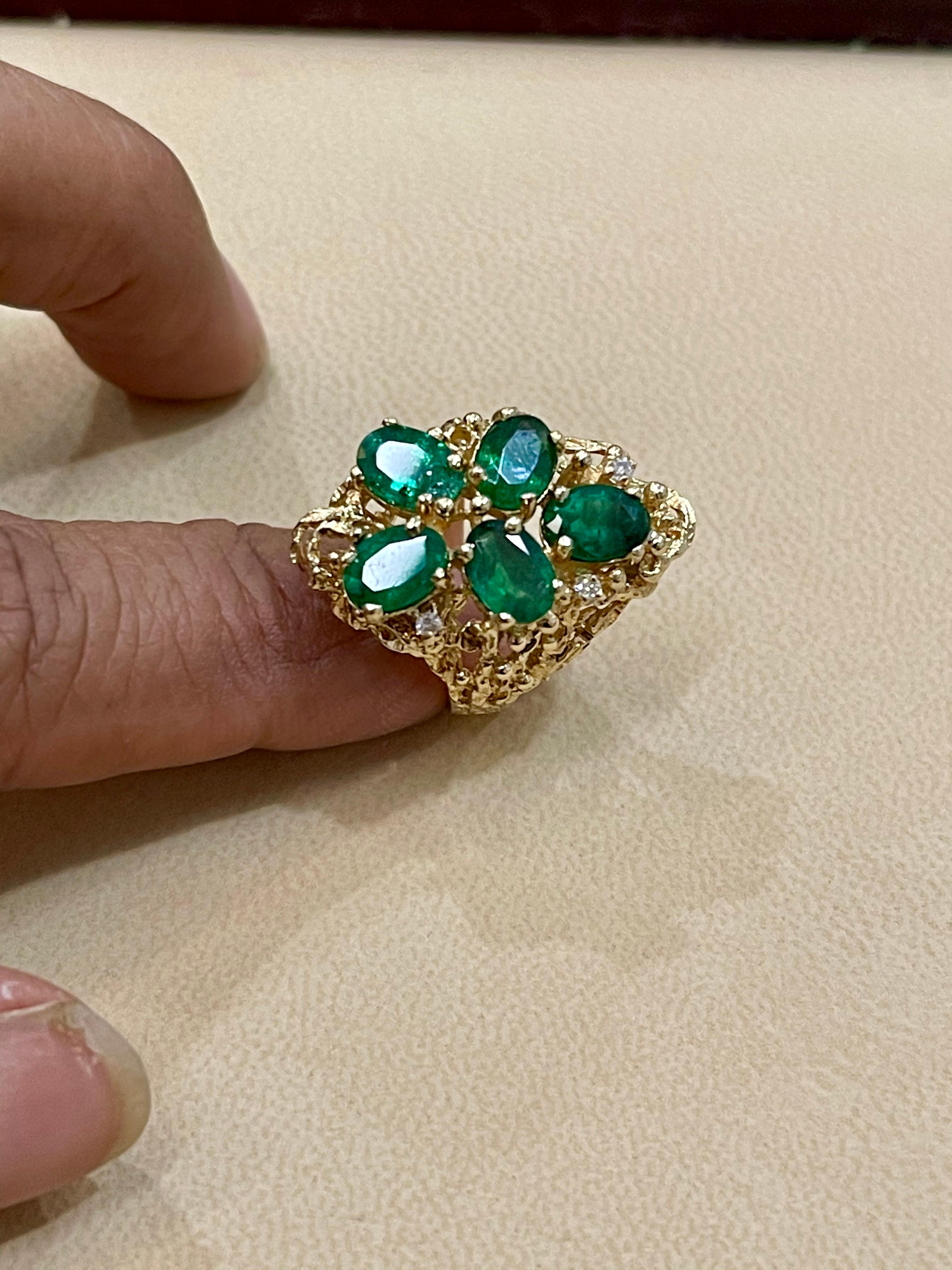 4 Ct Natural Emerald, Five Oval Stone and Diamond Ring 14 Karat Yellow Gold For Sale 4