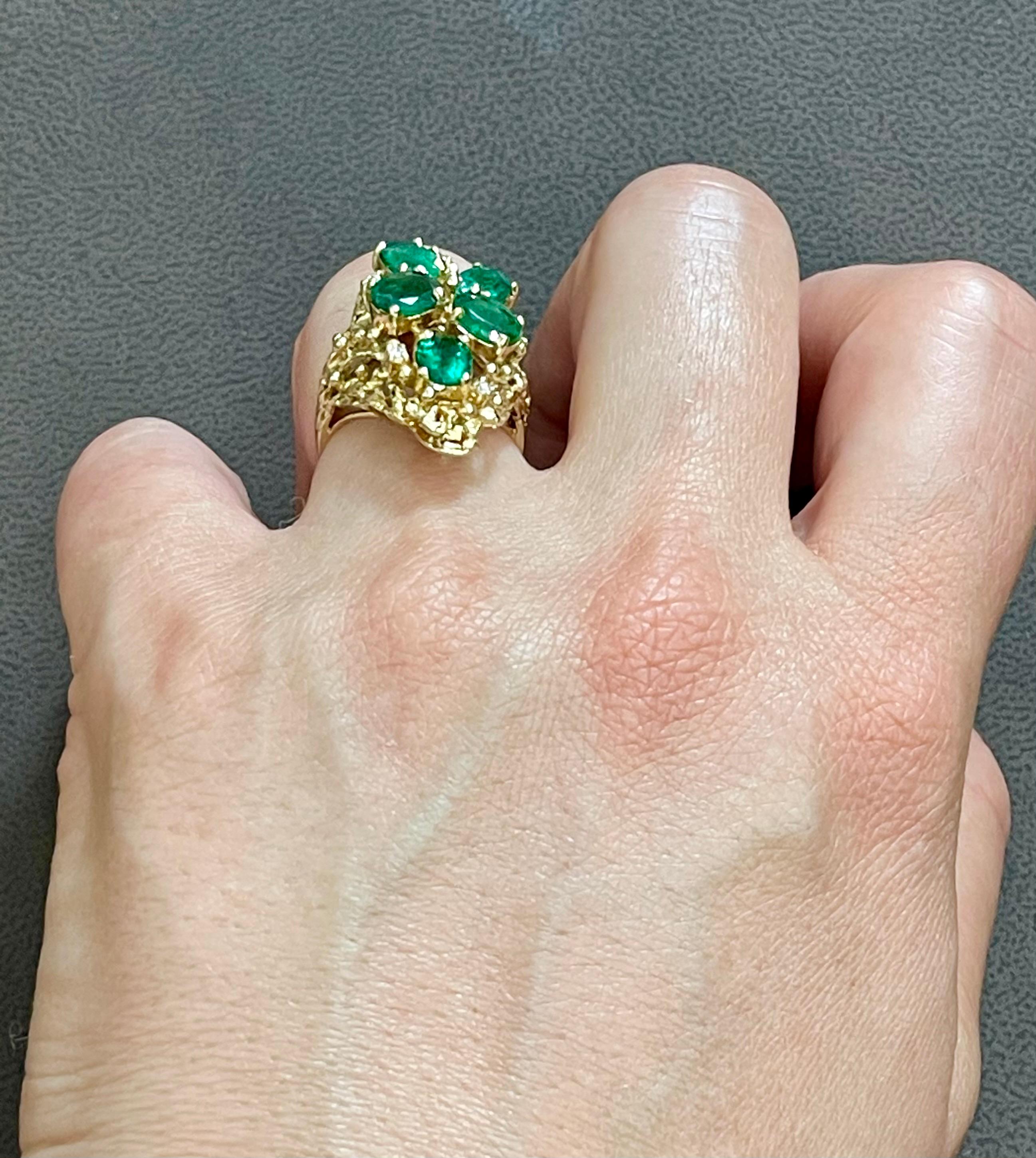 4 Ct Natural Emerald, Five Oval Stone and Diamond Ring 14 Karat Yellow Gold For Sale 6