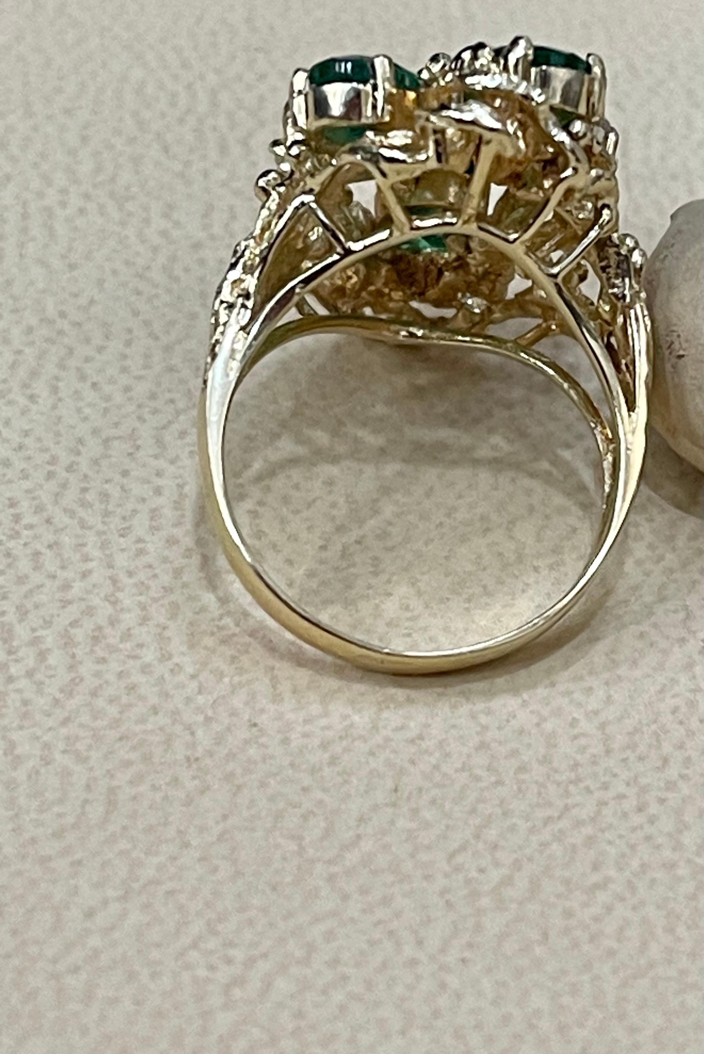 4 Ct Natural Emerald, Five Oval Stone and Diamond Ring 14 Karat Yellow Gold In Excellent Condition For Sale In New York, NY