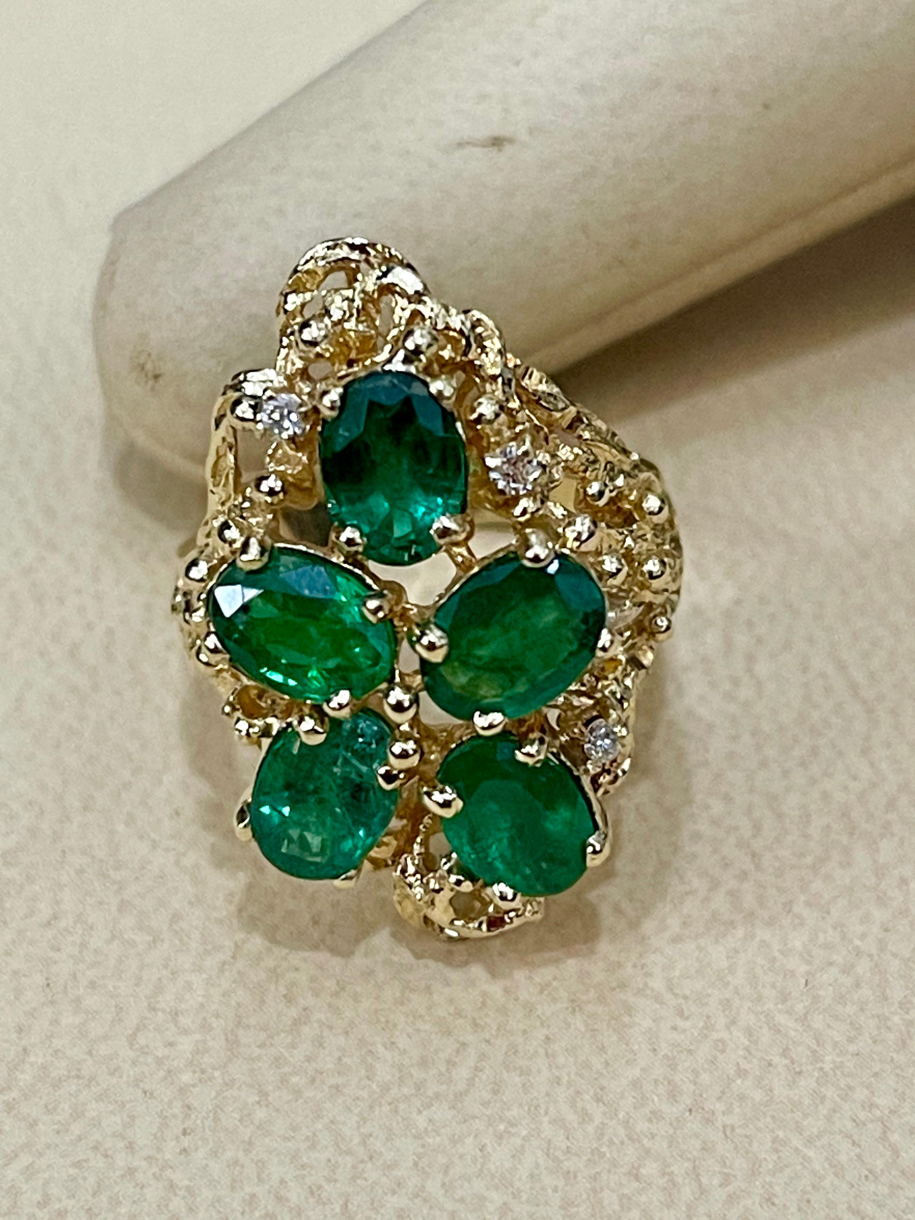 Women's 4 Ct Natural Emerald, Five Oval Stone and Diamond Ring 14 Karat Yellow Gold For Sale