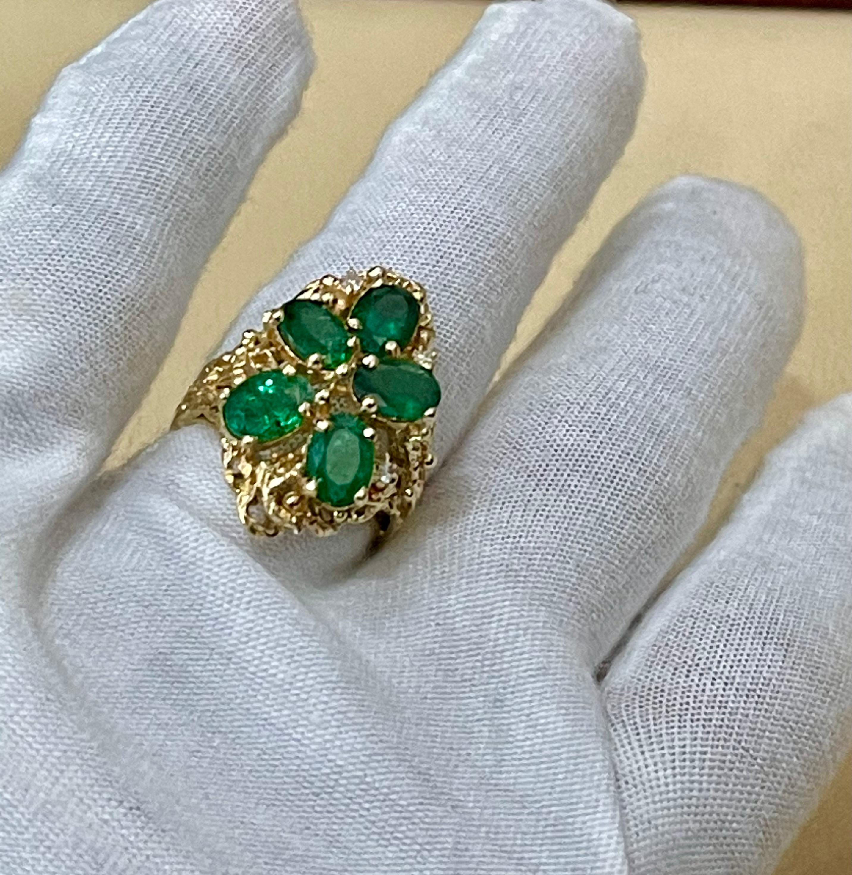 4 Ct Natural Emerald, Five Oval Stone and Diamond Ring 14 Karat Yellow Gold For Sale 1