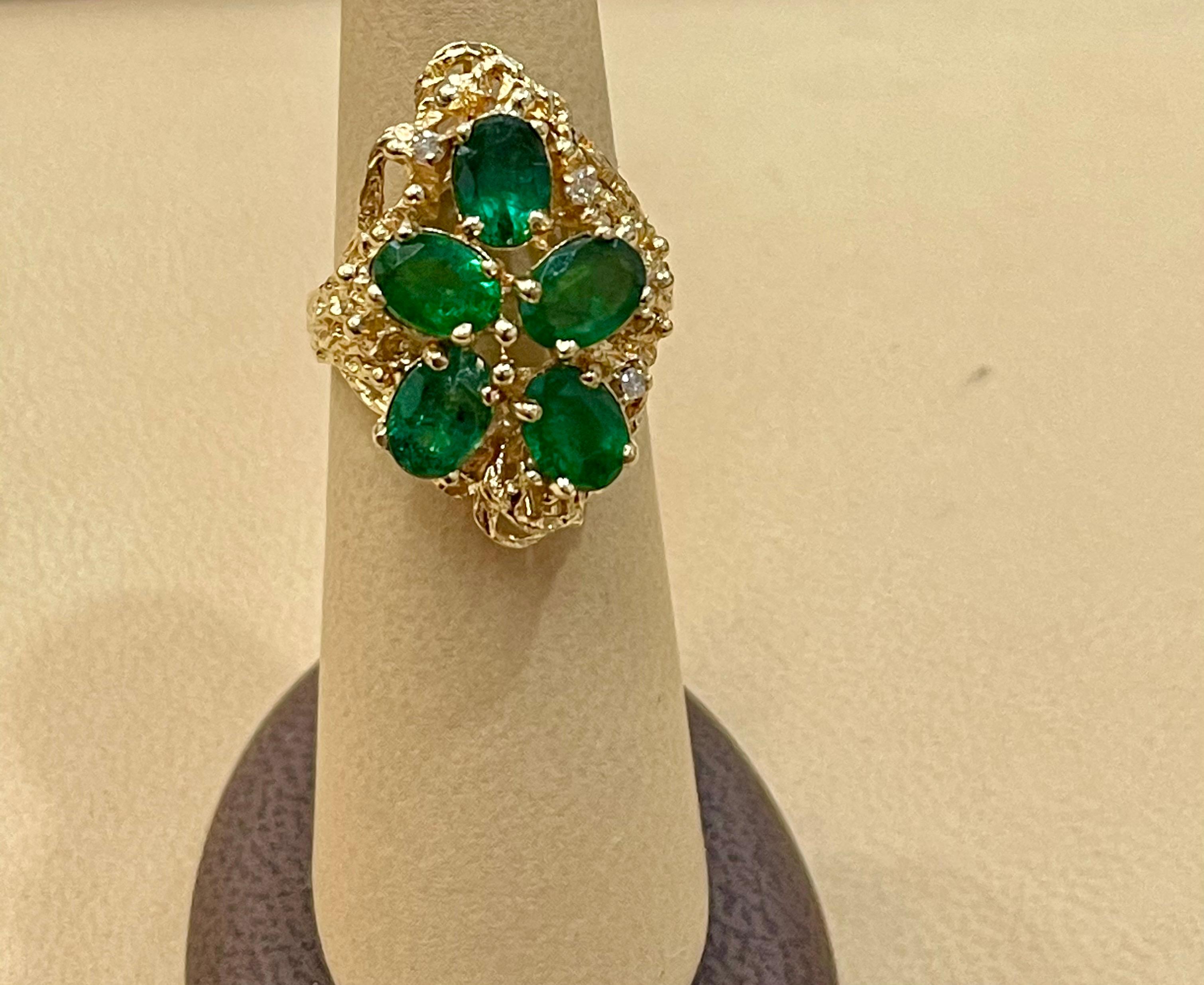4 Ct Natural Emerald, Five Oval Stone and Diamond Ring 14 Karat Yellow Gold For Sale 2
