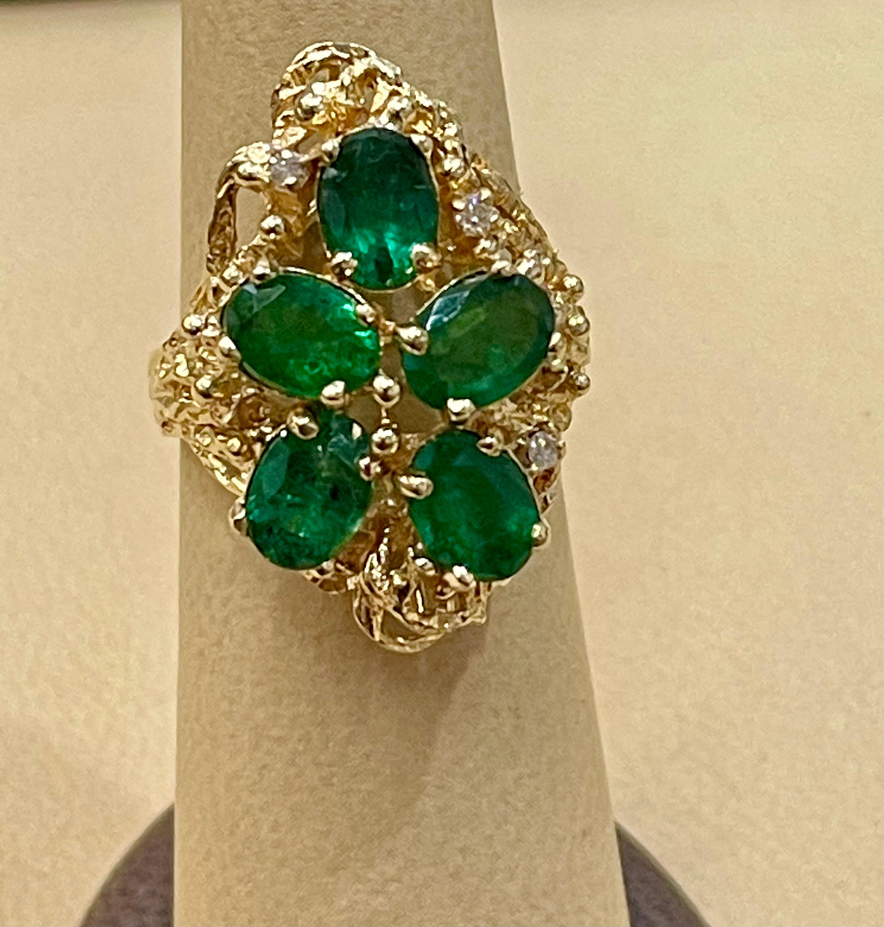 4 Ct Natural Emerald, Five Oval Stone and Diamond Ring 14 Karat Yellow Gold For Sale 3