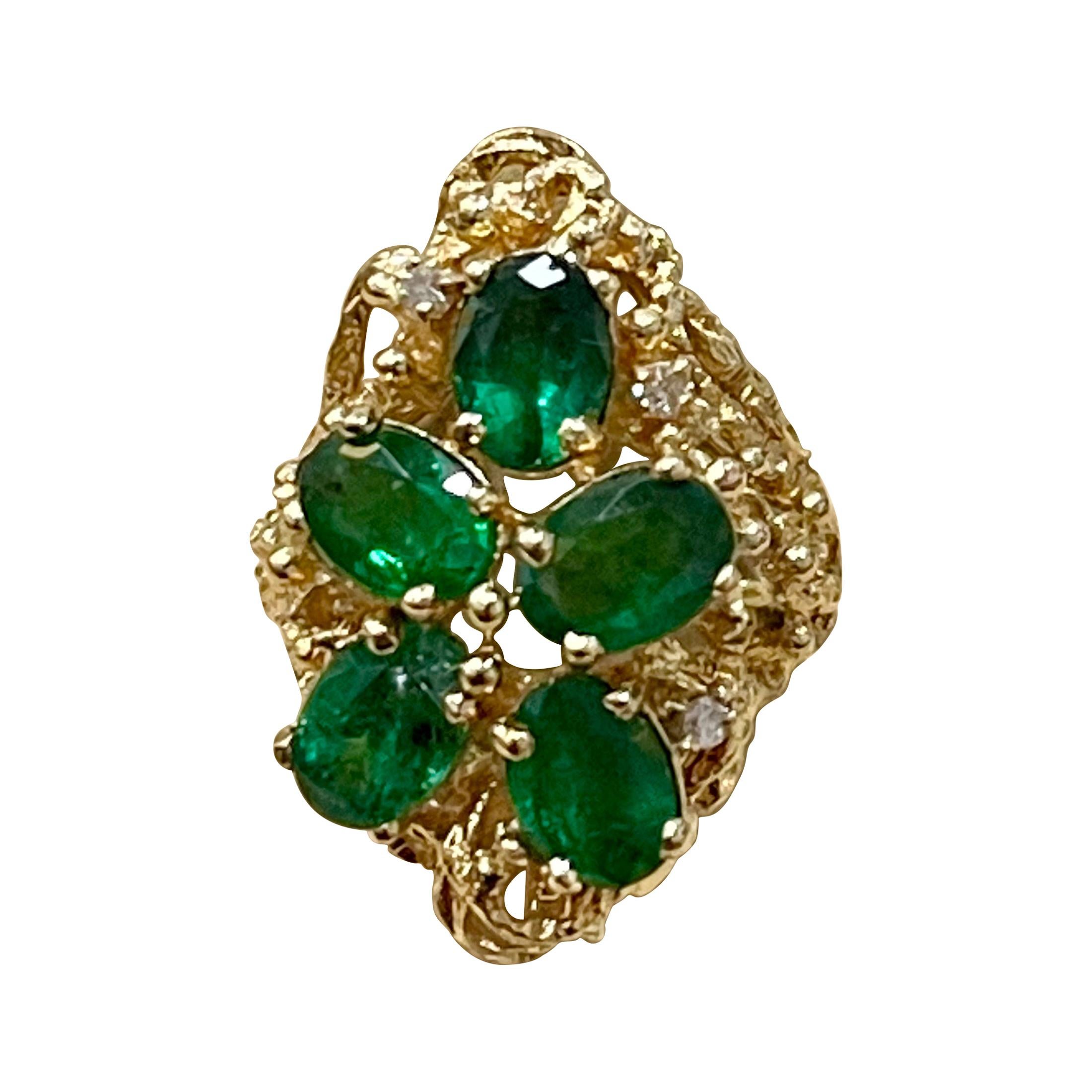 4 Ct Natural Emerald, Five Oval Stone and Diamond Ring 14 Karat Yellow Gold