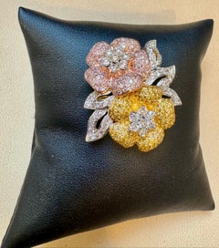 4 Ct Natural Fancy Color Diamond Flower Pin/ Brooch in 18 Kt Multi Color Gold