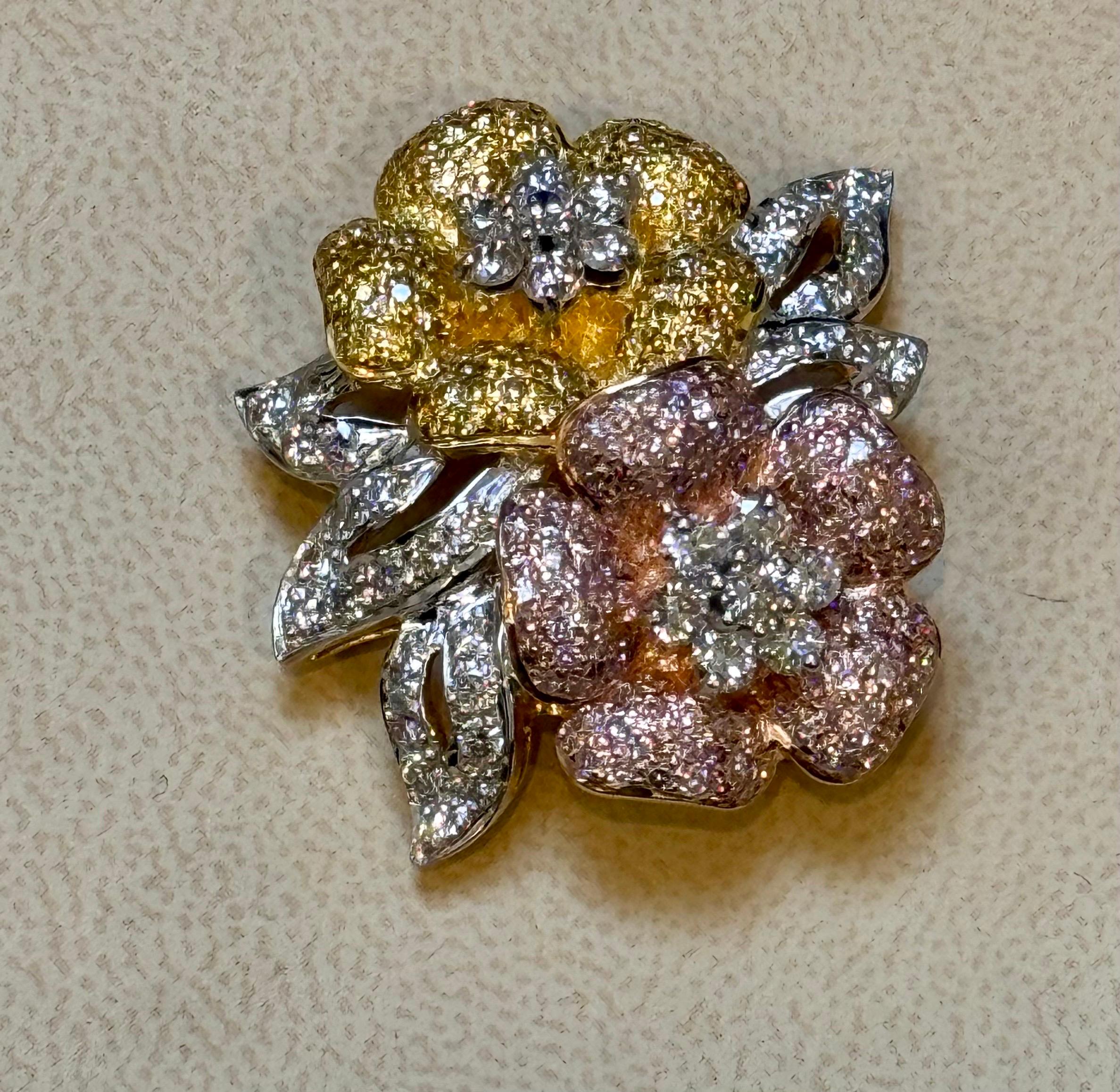 4 Ct Natural Fancy Color Diamond Flower Pin/ Brooch in 18 Kt Multi Color Gold  In Excellent Condition For Sale In New York, NY
