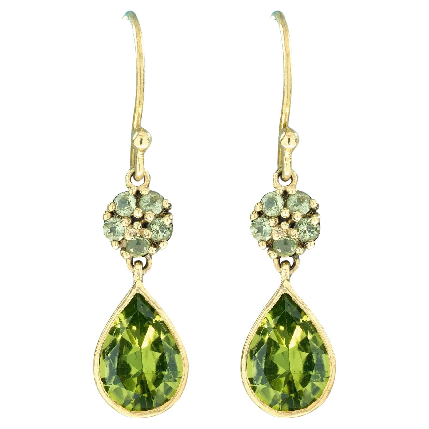 4 Ct. Natural Peridot Vintage Style Floral Drop Earrings in 9K Yellow Gold