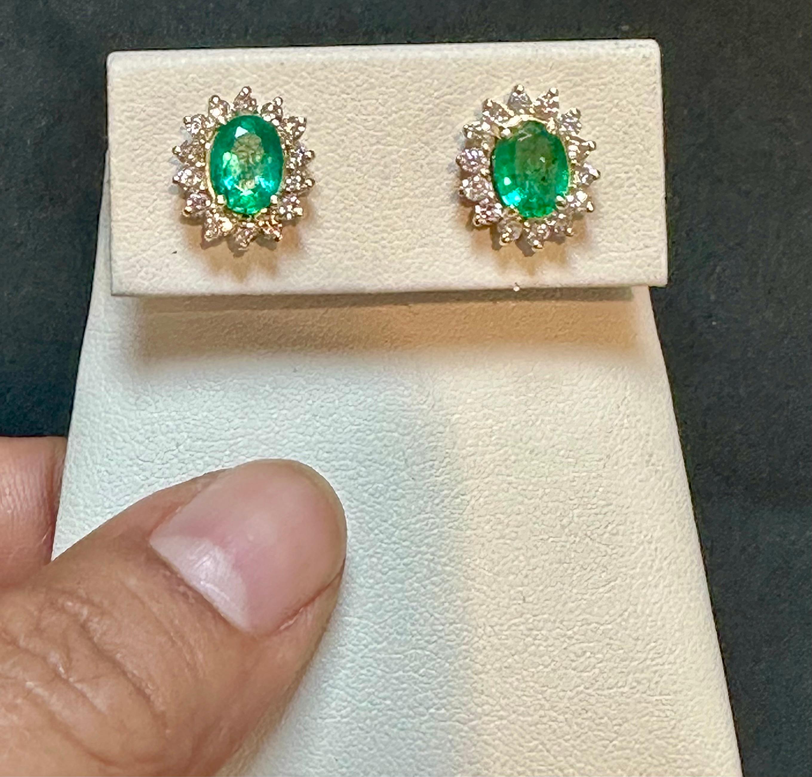 4 Ct Oval Shape Emerald & 1.5 Ct Diamond Post Back Earrings 14 Karat Yellow Gold For Sale 8