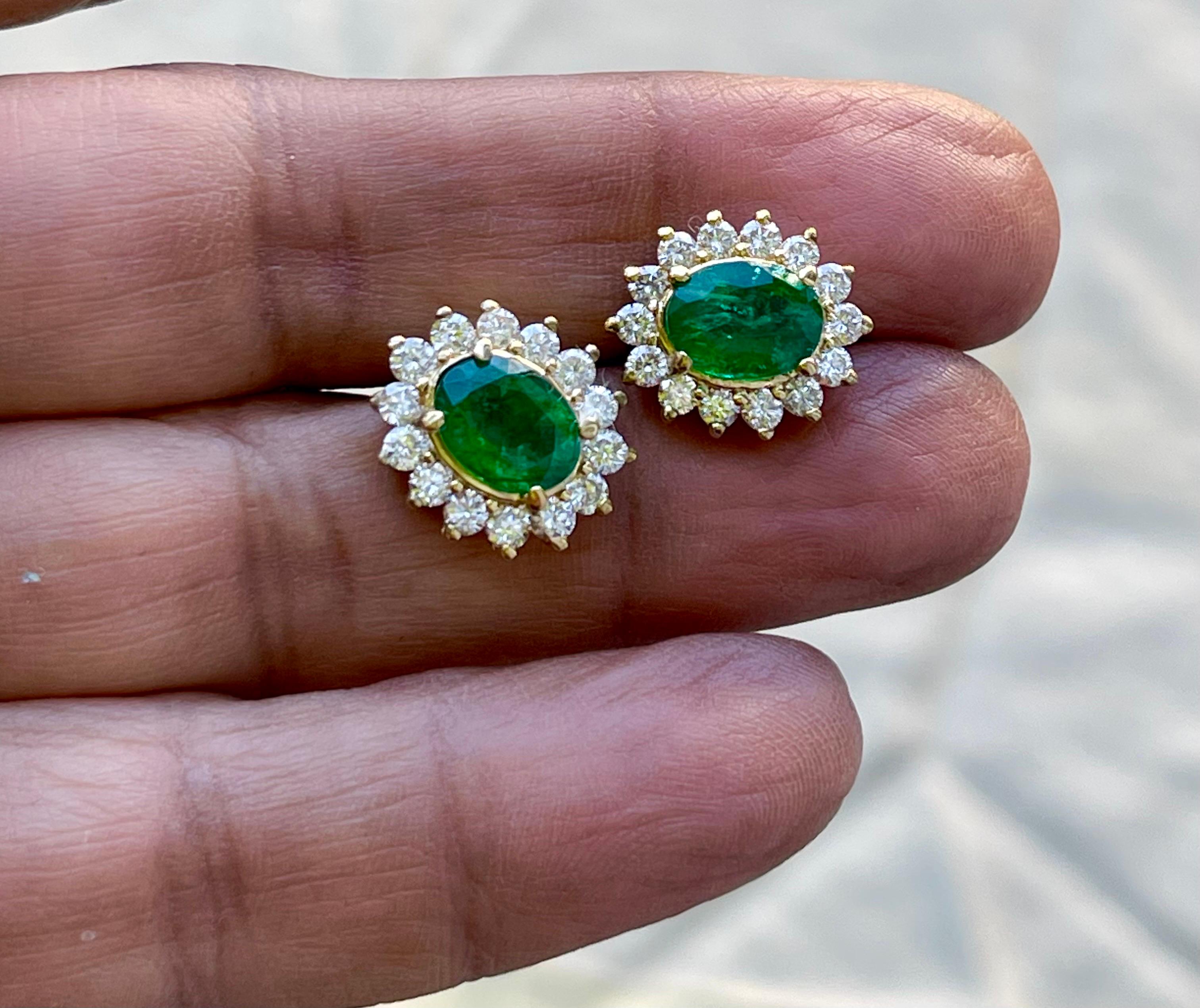 4 Ct Oval Shape Emerald & 1.5 Ct Diamond Post Back Earrings 14 Karat Yellow Gold For Sale 2