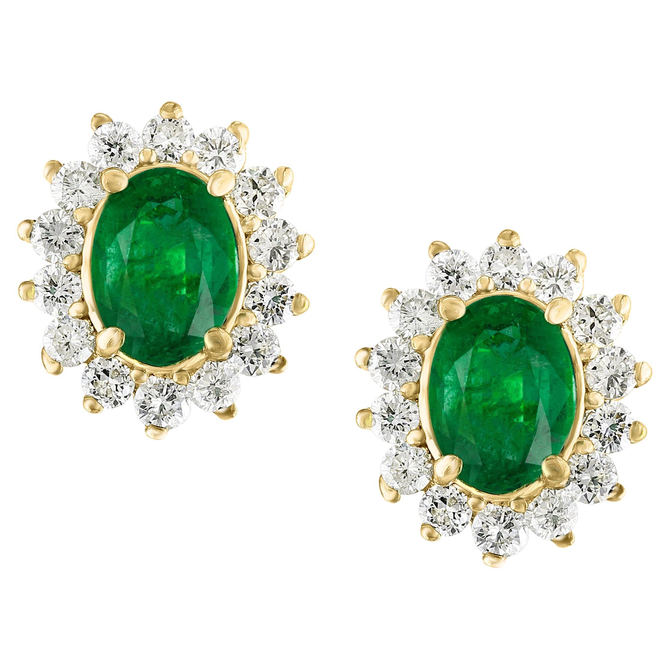 4 Ct Oval Shape Emerald & 1.5 Ct Diamond Post Back Earrings 14 Karat Yellow Gold For Sale