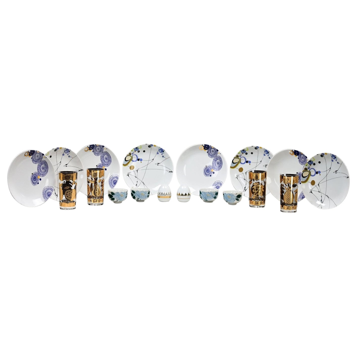 4 Culver Glasses & 8 Dessert Plates by Dana Oldfather for Ink Dish Plus Extras