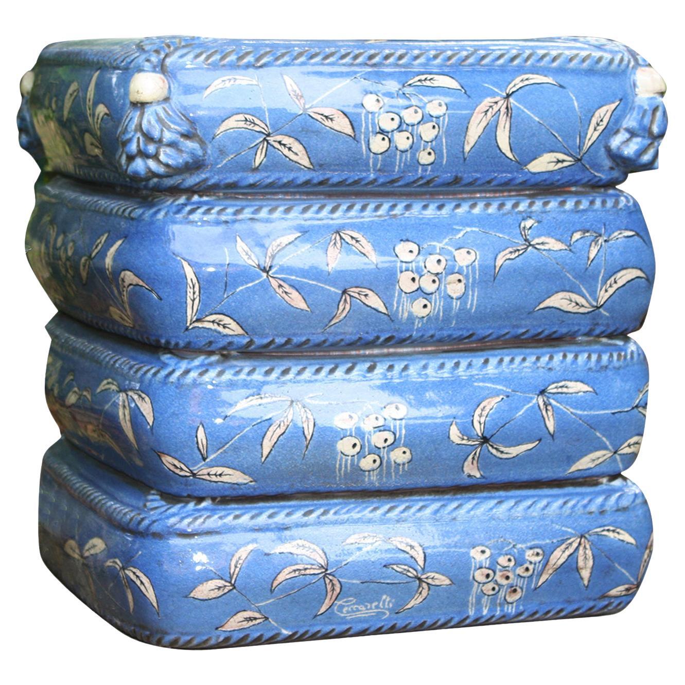 4 Cushions Blue Ceramic Pouf