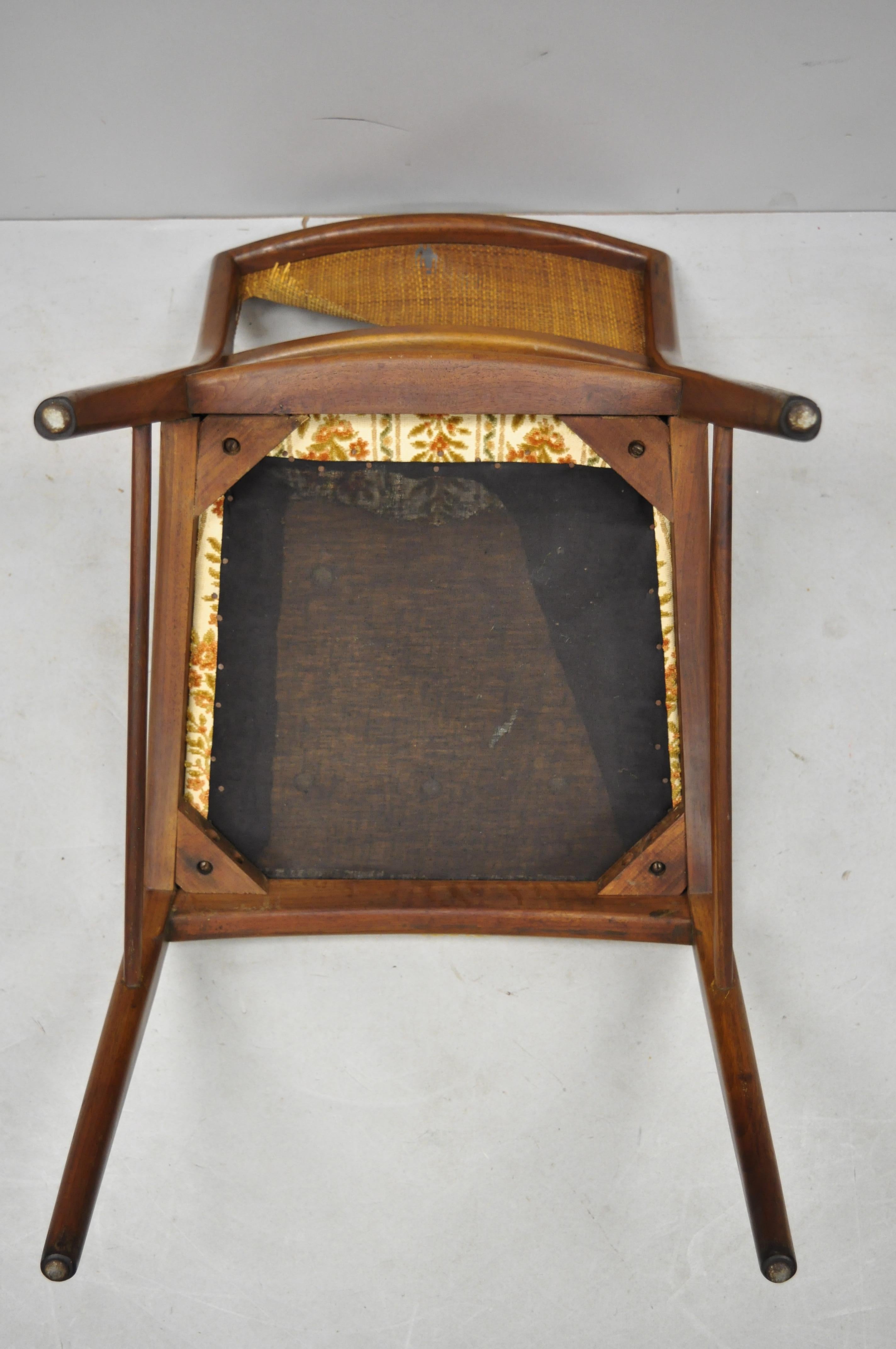 4 Danish MCM Walnut Cane Back Dining Chairs after TH Robsjohn Gibbings For Sale 3