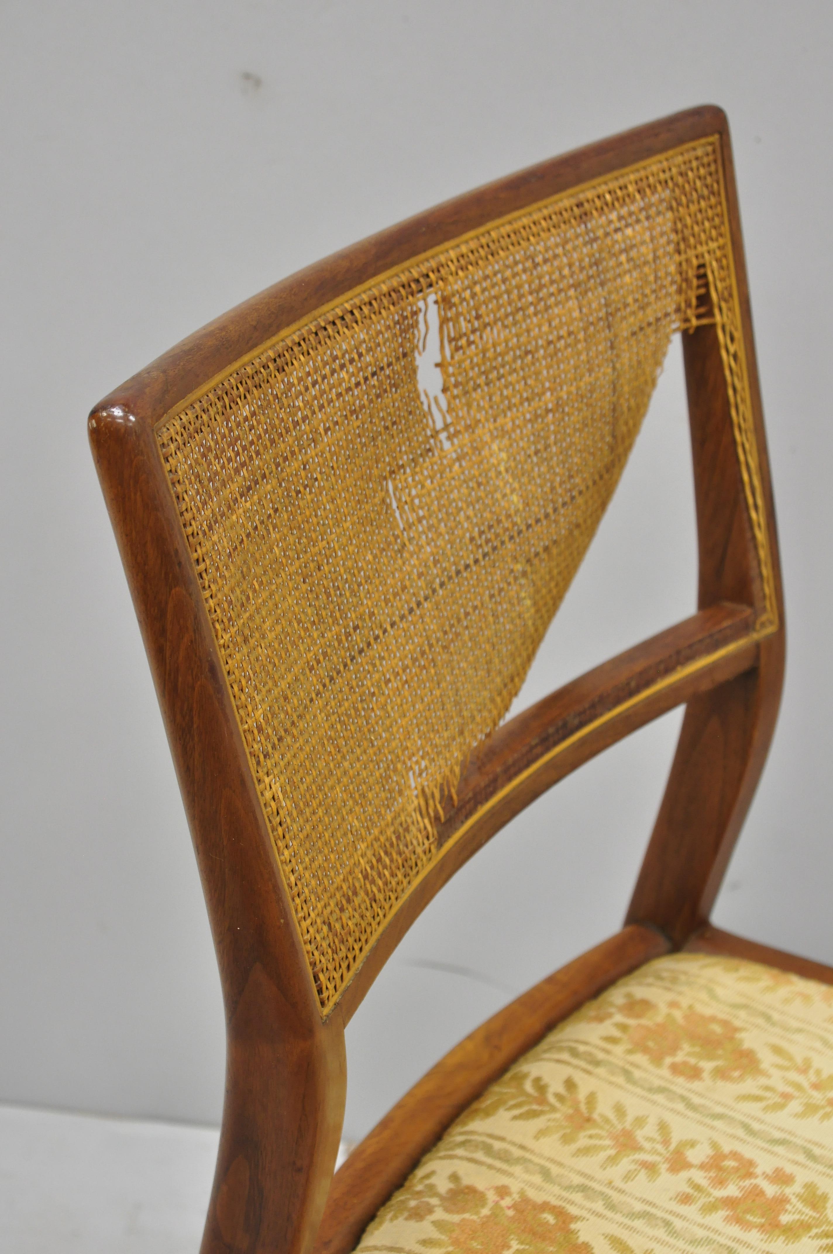 20th Century 4 Danish MCM Walnut Cane Back Dining Chairs after TH Robsjohn Gibbings For Sale