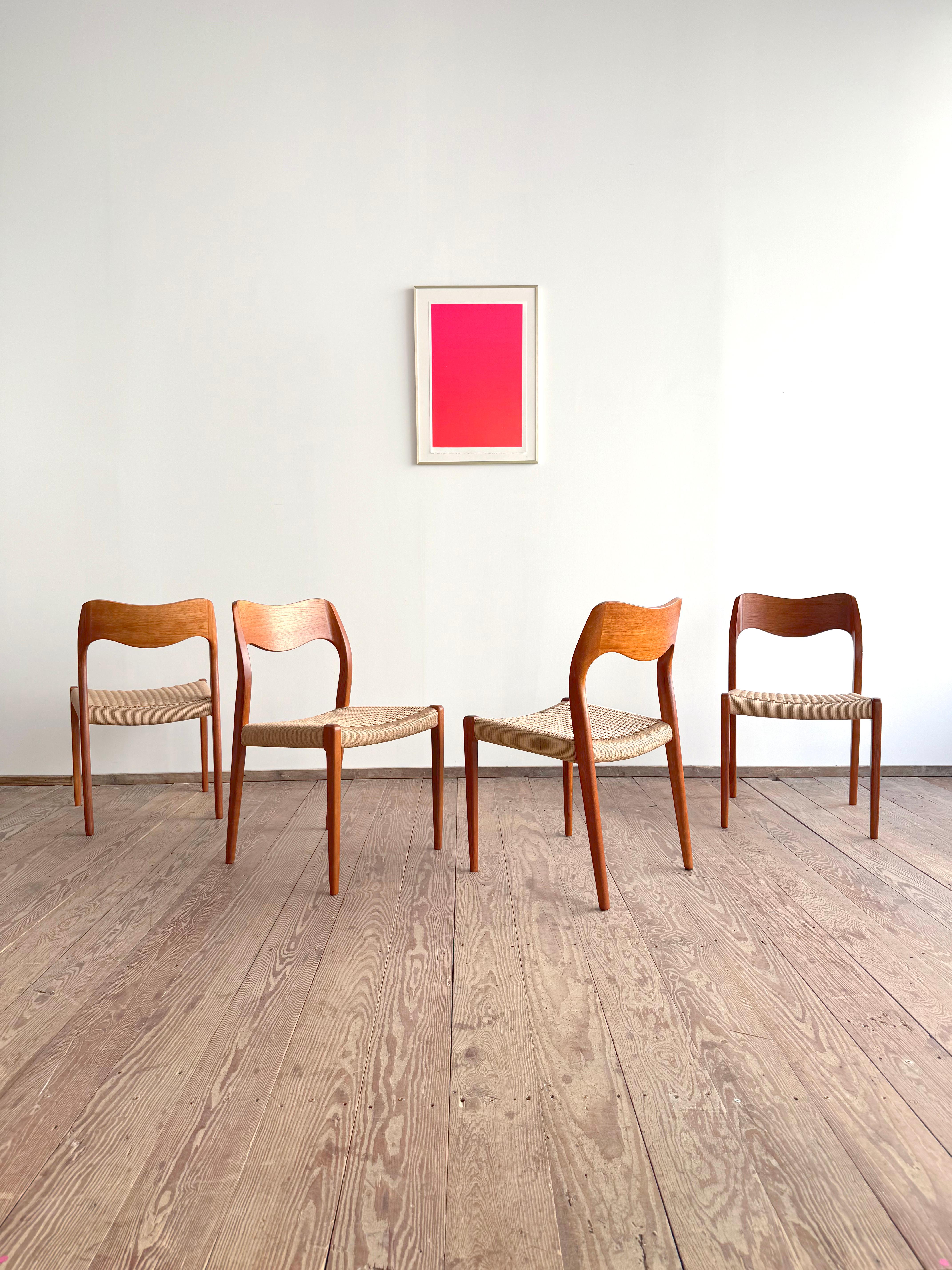 Dimensions 49 x 49 x 79 x 45cm (Width x Depth x Height x Seat height)

Danish Design by Niels O. Møller manufactured by J. l. Møller in Denmark. The set features 4 dining chairs made out of teak wood, partially veneer and paper cord seats. The side