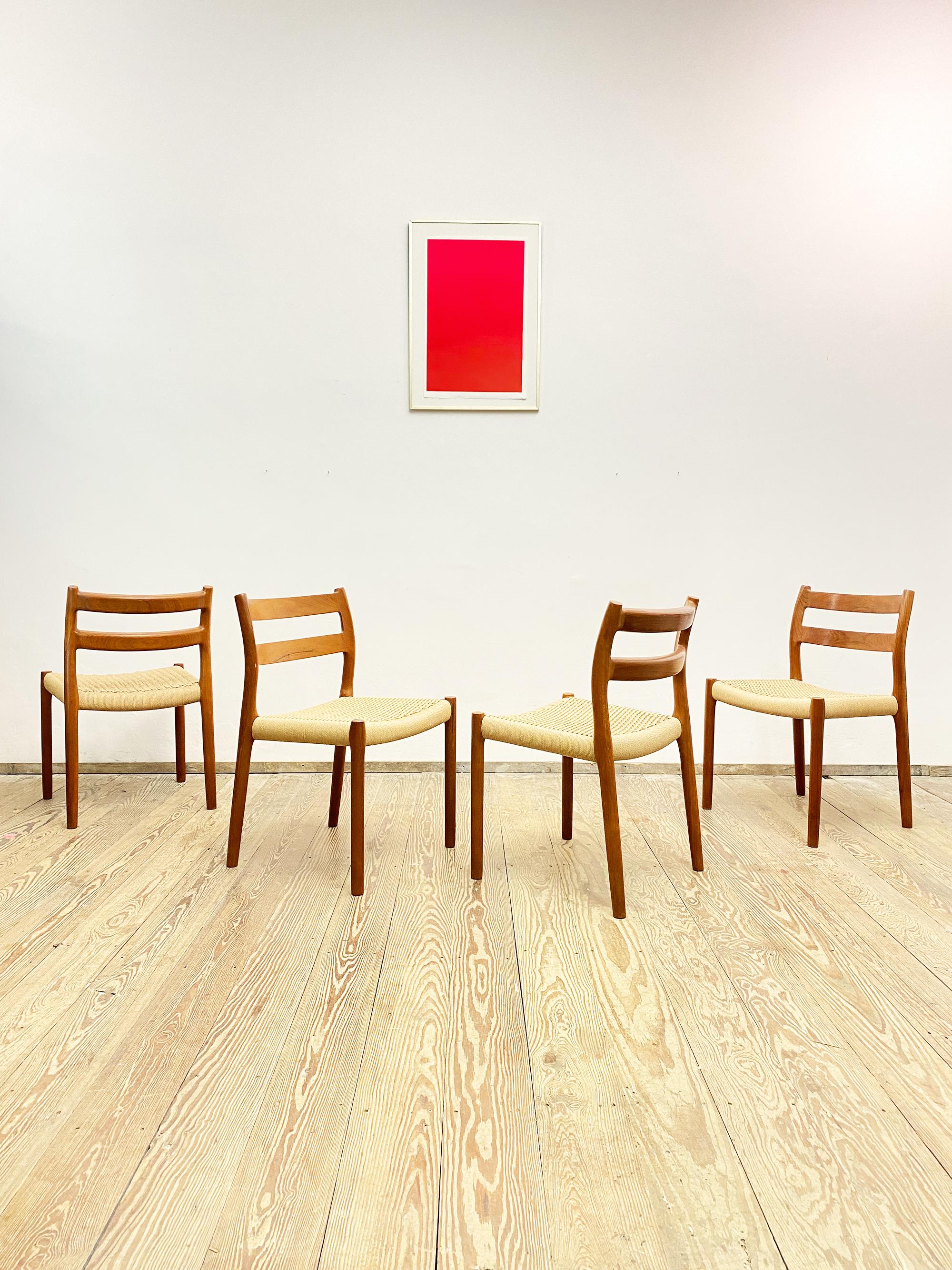 Dimensions: 50 x 50 x 79 x 44cm (Width x Depth x Height x Seat Height)

This set of Scandinavian dining chairs designed by Niels O. Møller was manufactured by J.L. Møllers in Denmark. The set features 4 chairs of the very rare model 84 that