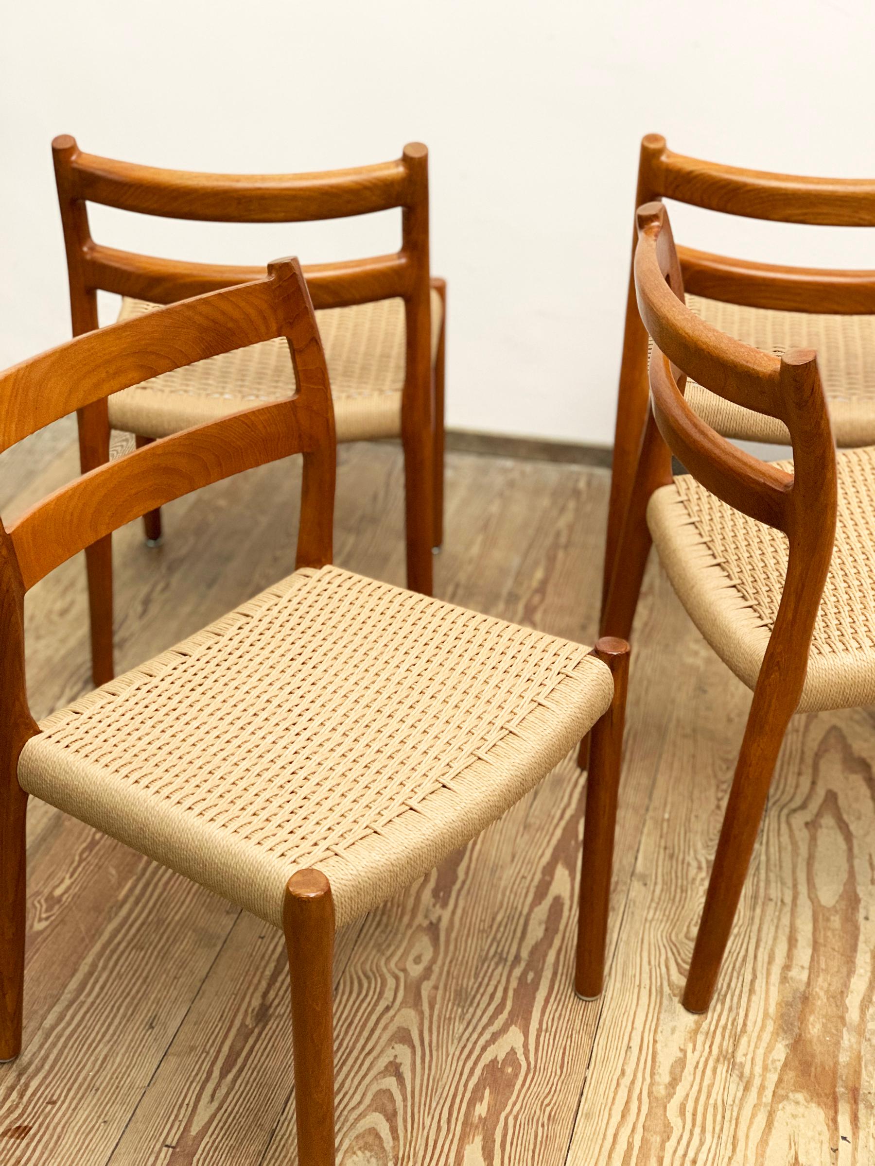 Papercord 4 Danish Mid-Century Teak Dining Chairs #84 by Niels O. Møller for J. L. Moller