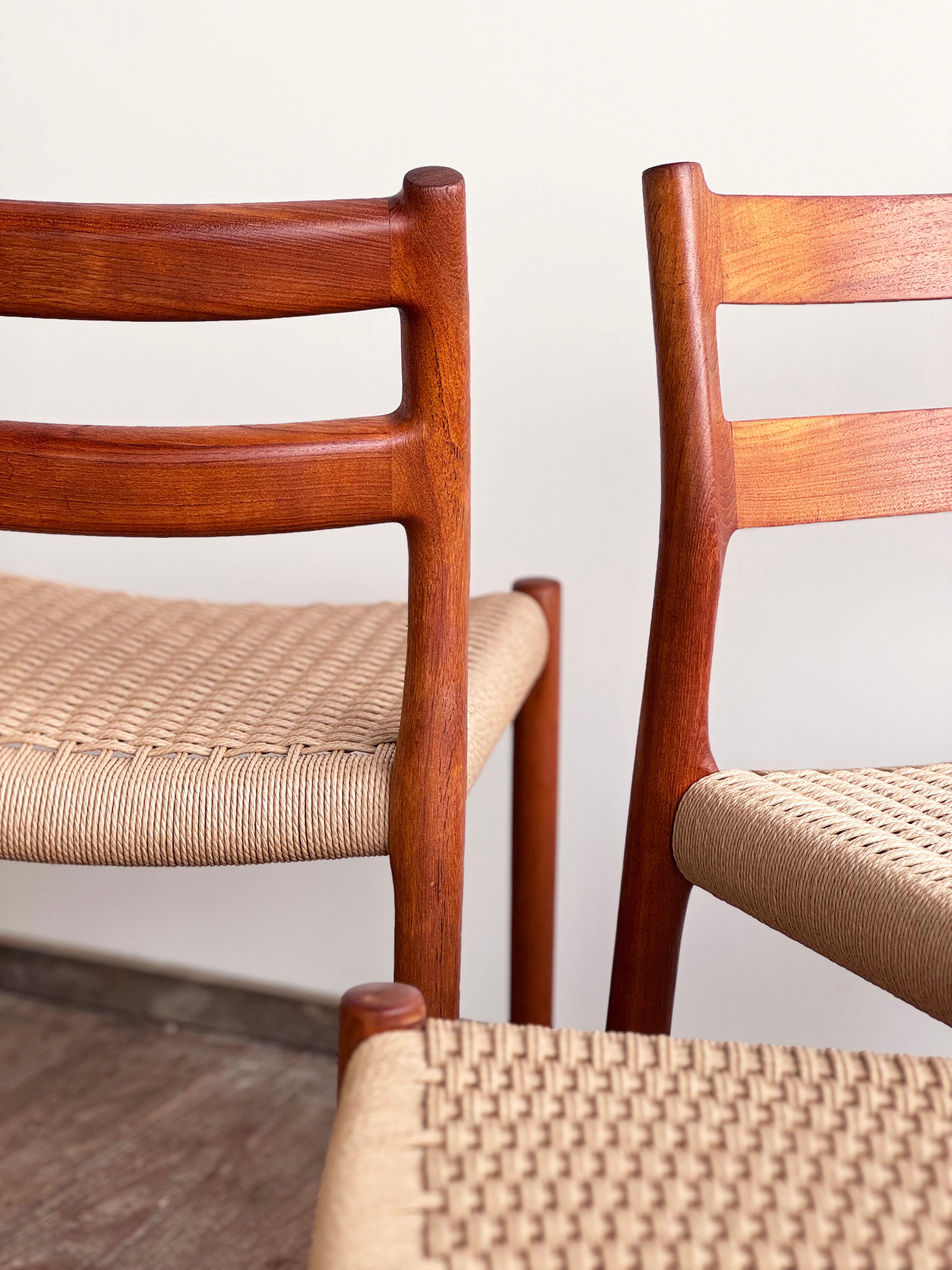 Papercord 4 Danish Mid-Century Teak Dining Chairs #84 by Niels O. Møller for J. L. Moller