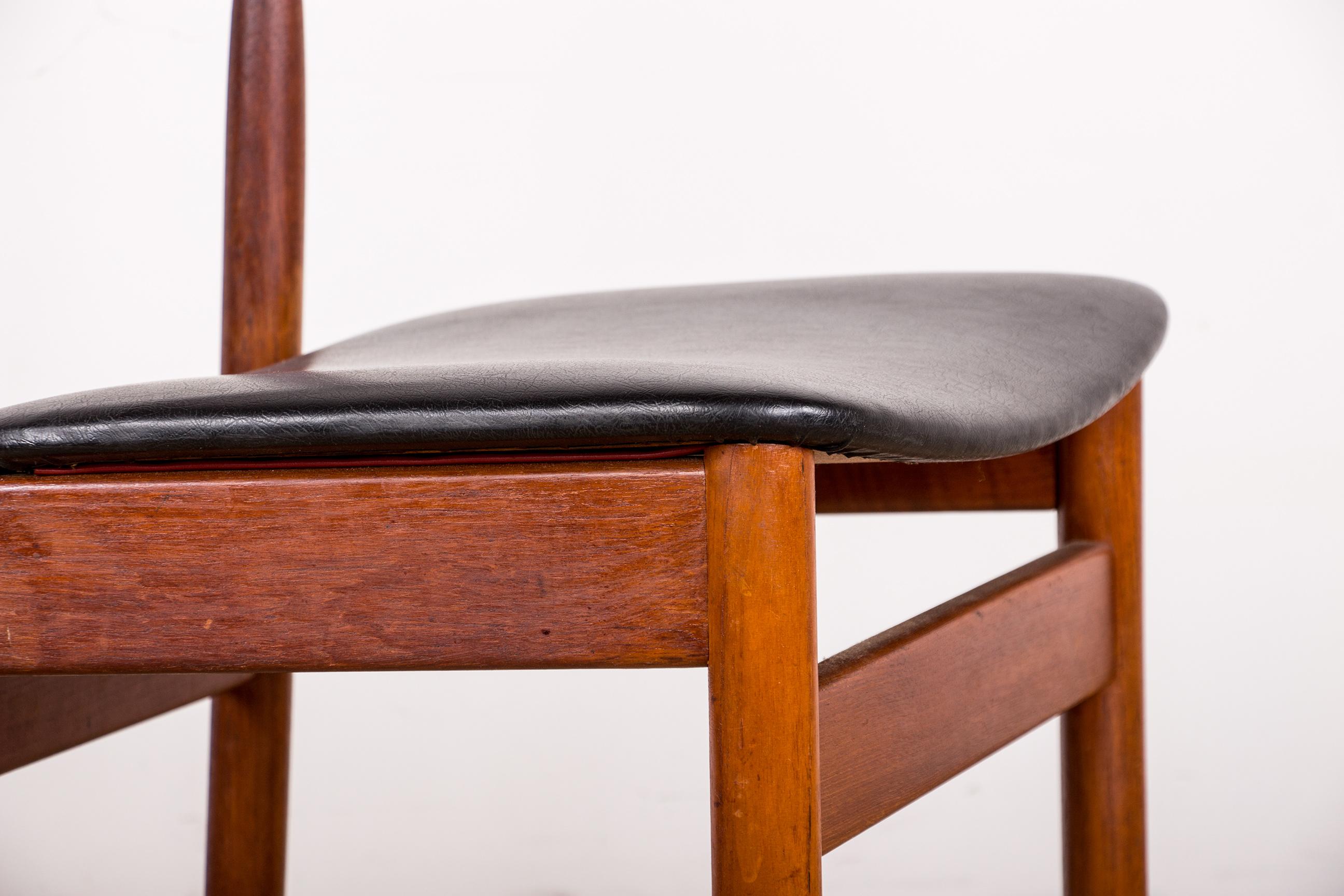 Faux Leather 4 Danish teak chairs in black skai by P.E. Jorgensen for Farso Stolefabrik 1960. For Sale