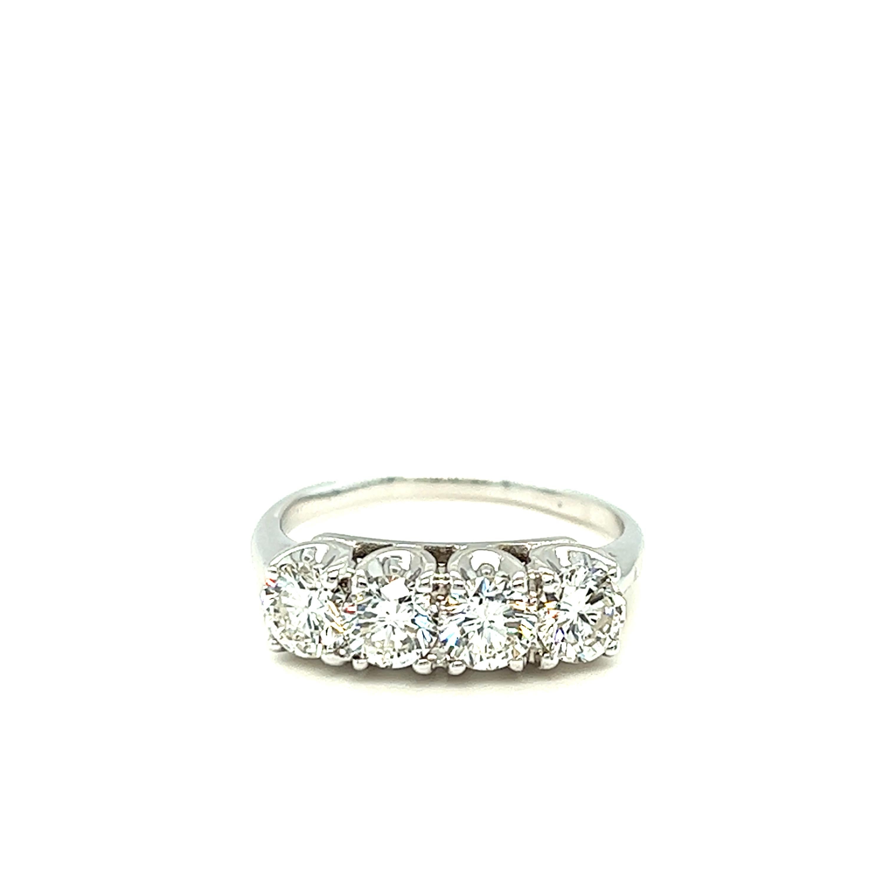 Round Cut 4 Diamond Single Row Ring 1.20 Carat H VS2 Diamonds in 14k White Gold For Sale