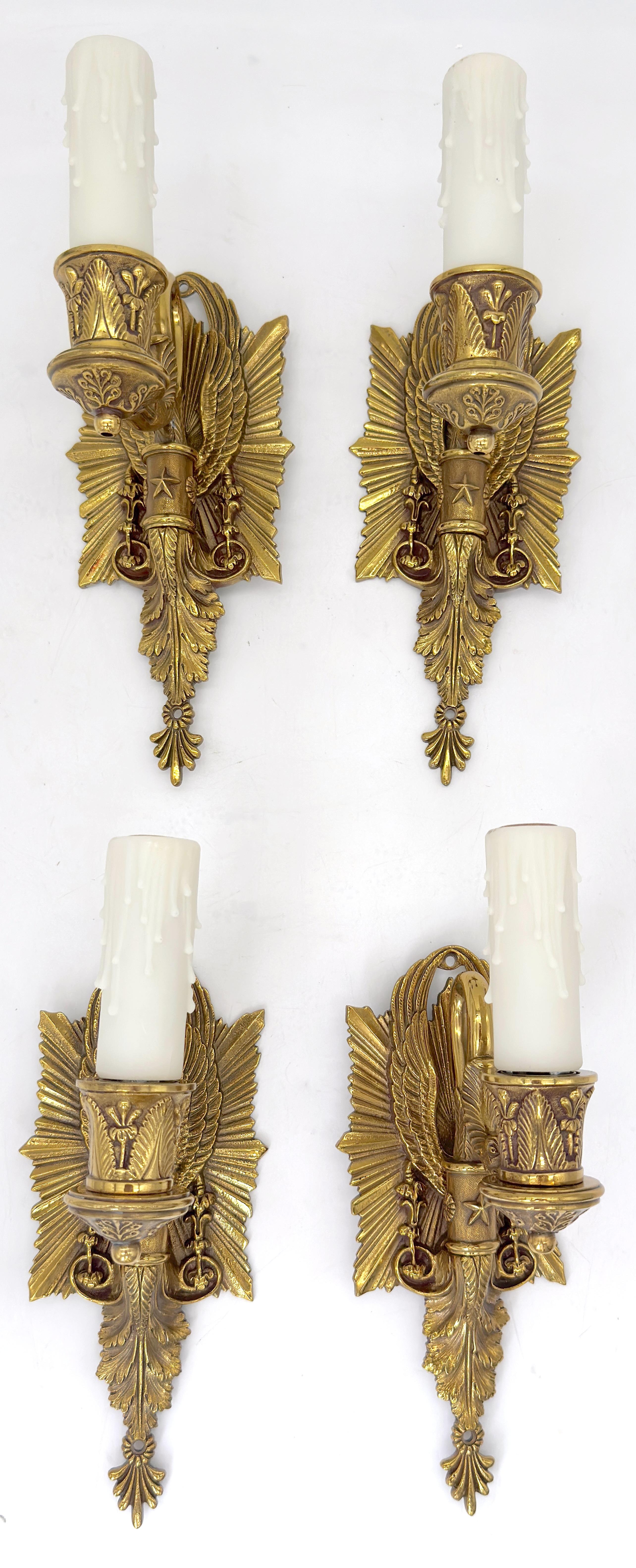 Pair of Diminutive Napoleonic Neoclassical Bronze Wall Sconces with Swan Motif, Attributed to P.E. Guerin, Rewired
Offered in pairs—a rare opportunity to acquire highly decorative, classically inspired sconces with exceptional detail in a versatile
