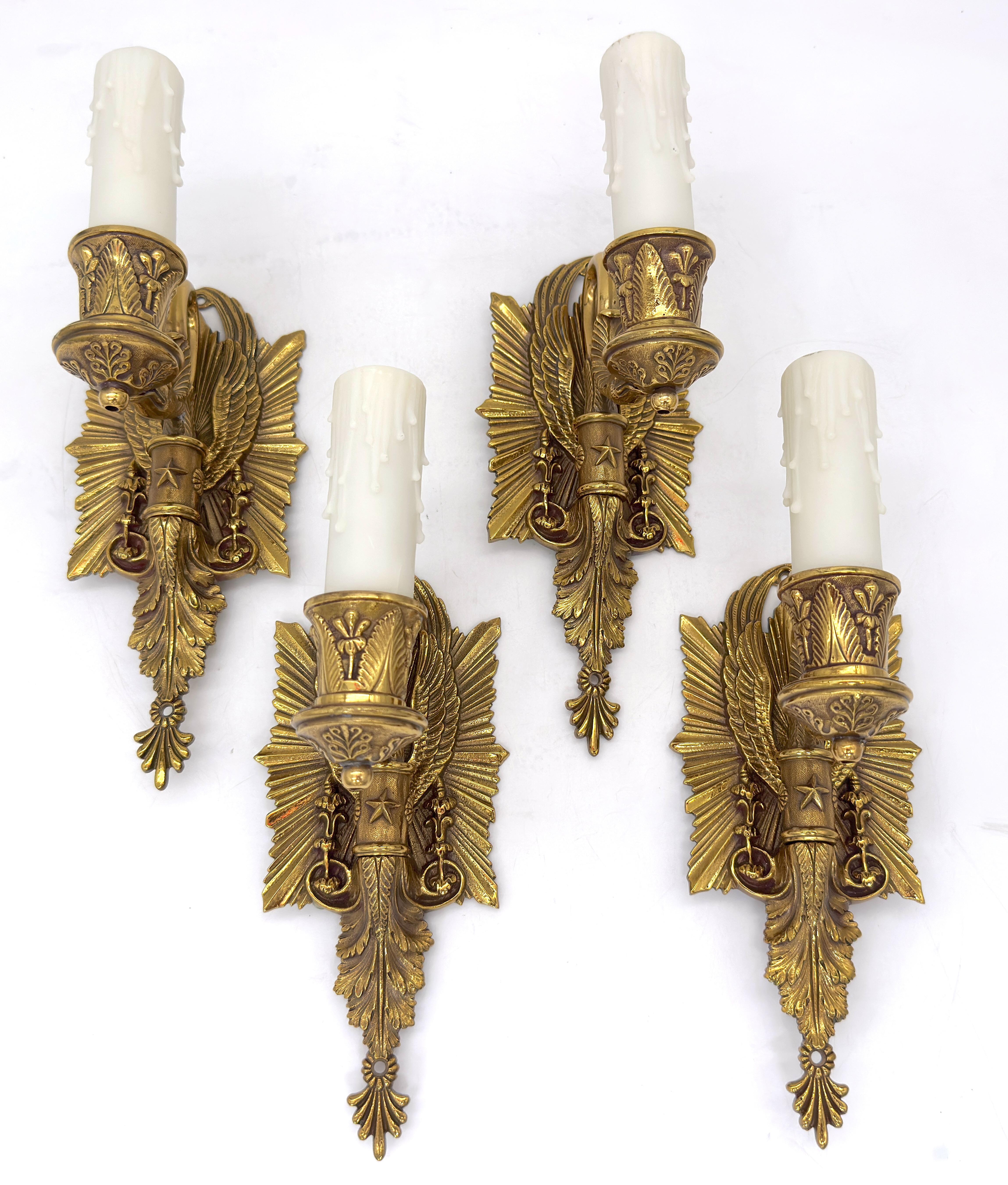 Cast Pair of Diminutive Neoclassical Bronze Wall Sconces, Attributed P.E. Guerin For Sale