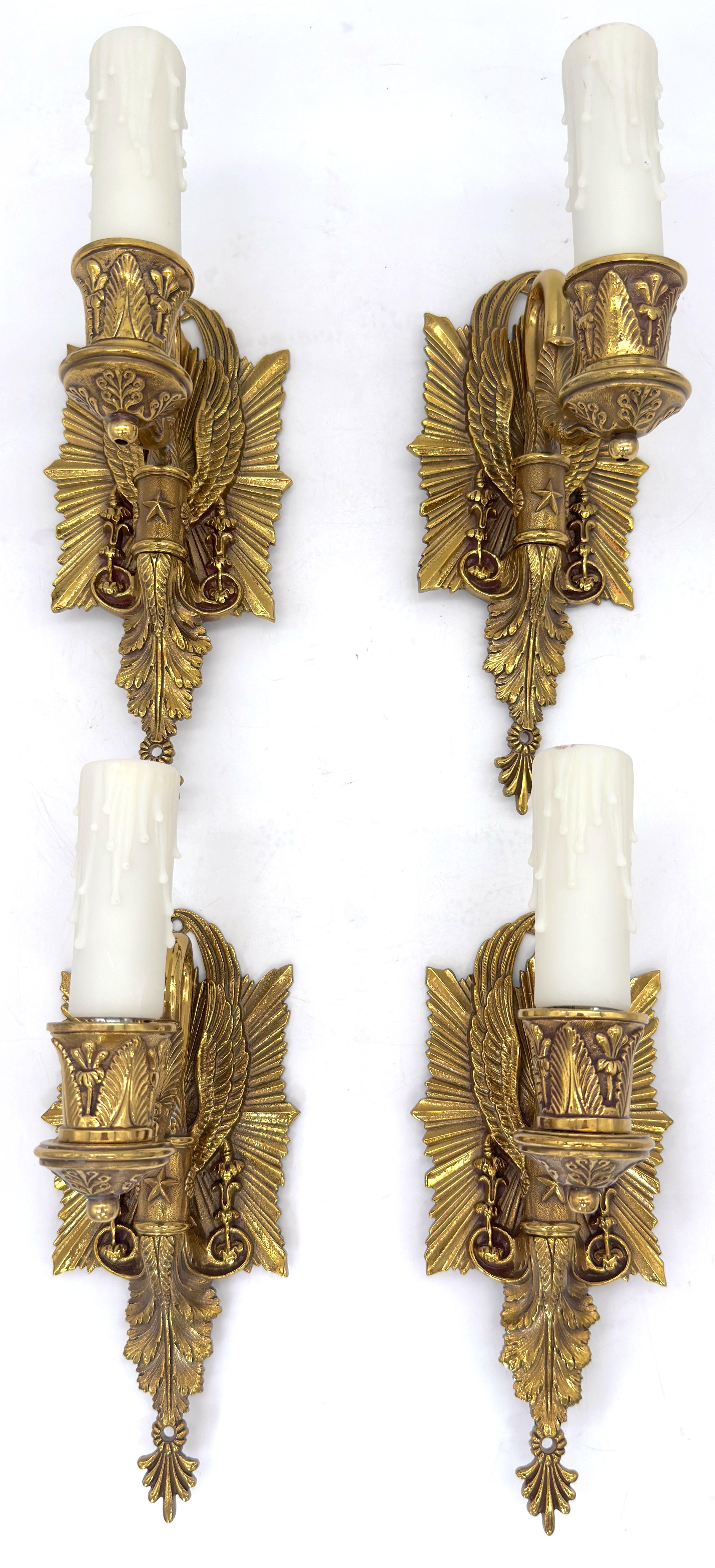 Pair of Diminutive Neoclassical Bronze Wall Sconces, Attributed P.E. Guerin In Good Condition For Sale In West Palm Beach, FL
