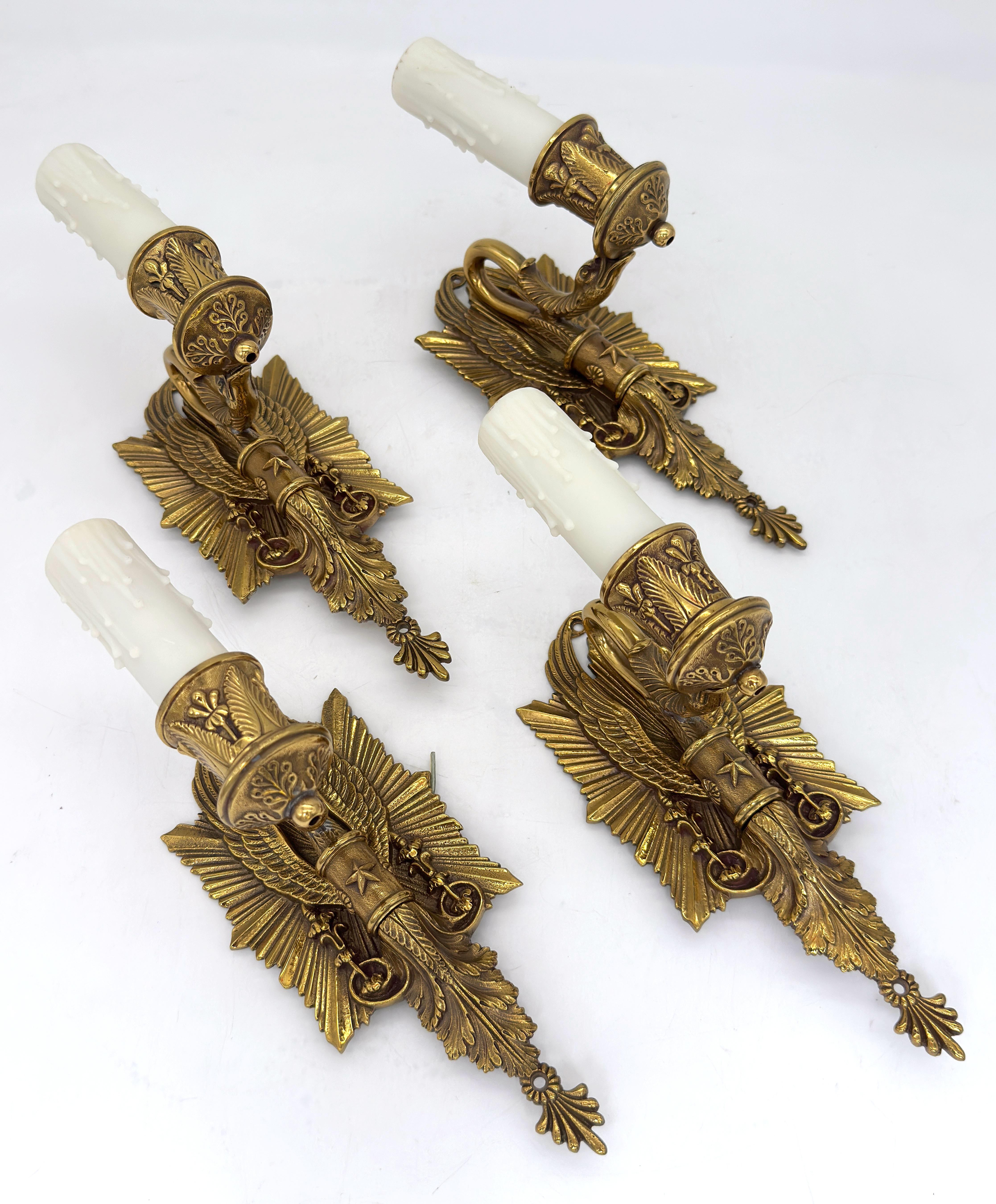 20th Century Pair of Diminutive Neoclassical Bronze Wall Sconces, Attributed P.E. Guerin For Sale