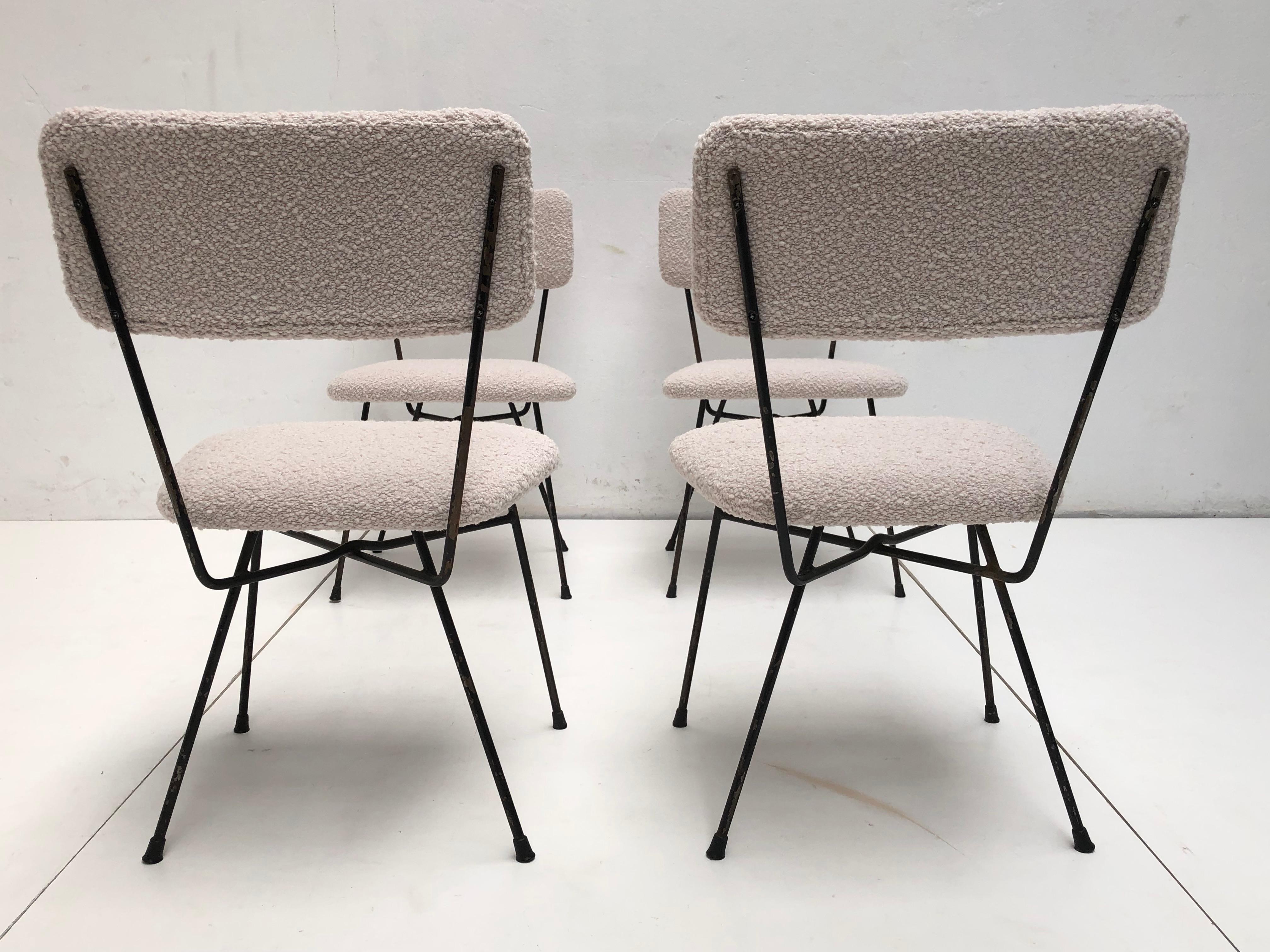Steel 4 Dining Chairs by Pizzetti Rome Italy 1950s, New Wool Boucle Upholstery For Sale