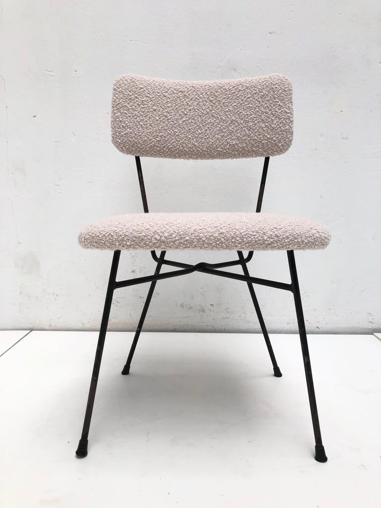 Mid-Century Modern 4 Dining Chairs by Pizzetti Rome Italy 1950s, New Wool Boucle Upholstery For Sale