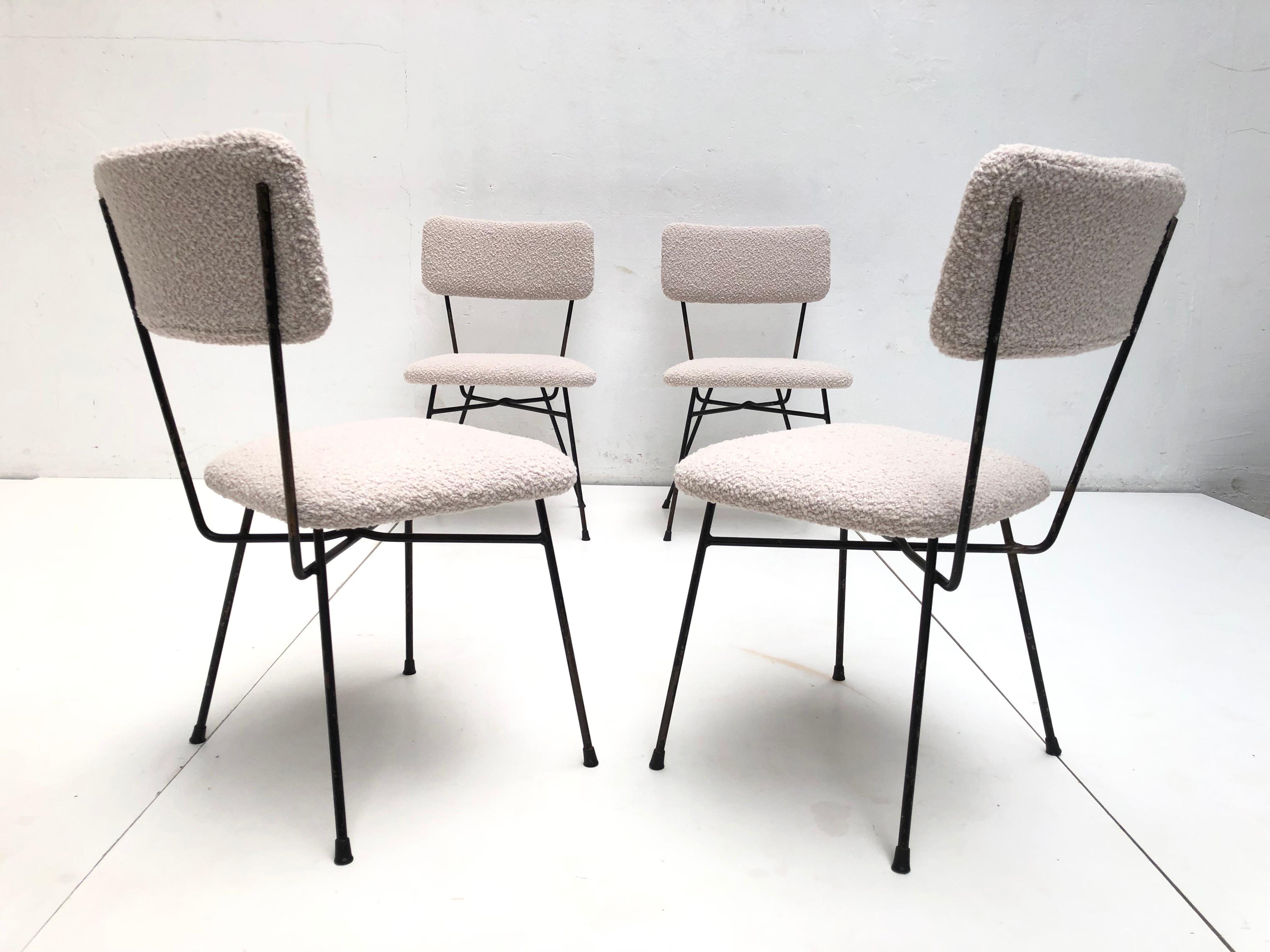 Mid-Century Modern 4 Dining Chairs by Pizzetti Rome Italy 1950s, New Wool Boucle Upholstery For Sale